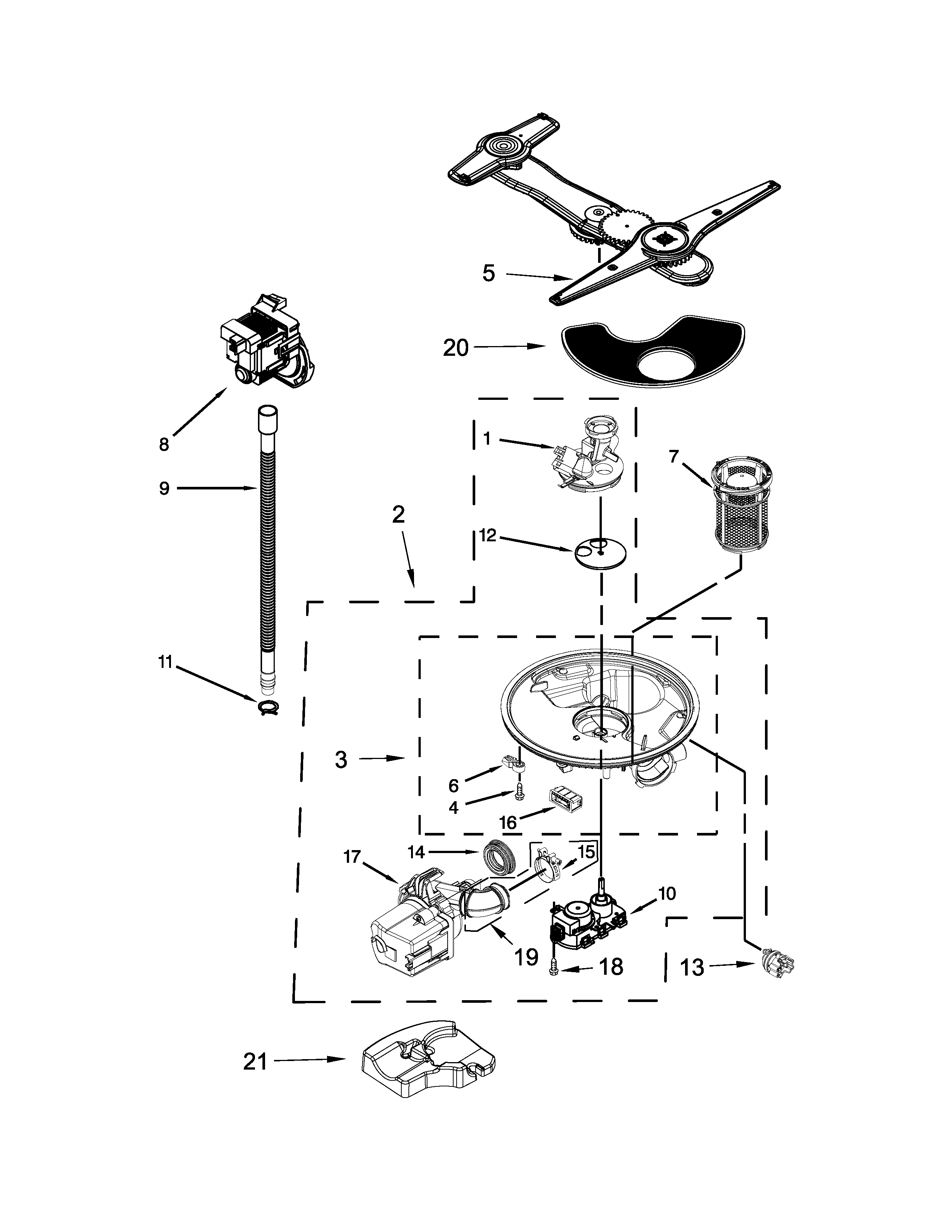 Kenmore Elite 66514743N510 pump, washarm and motor parts diagram