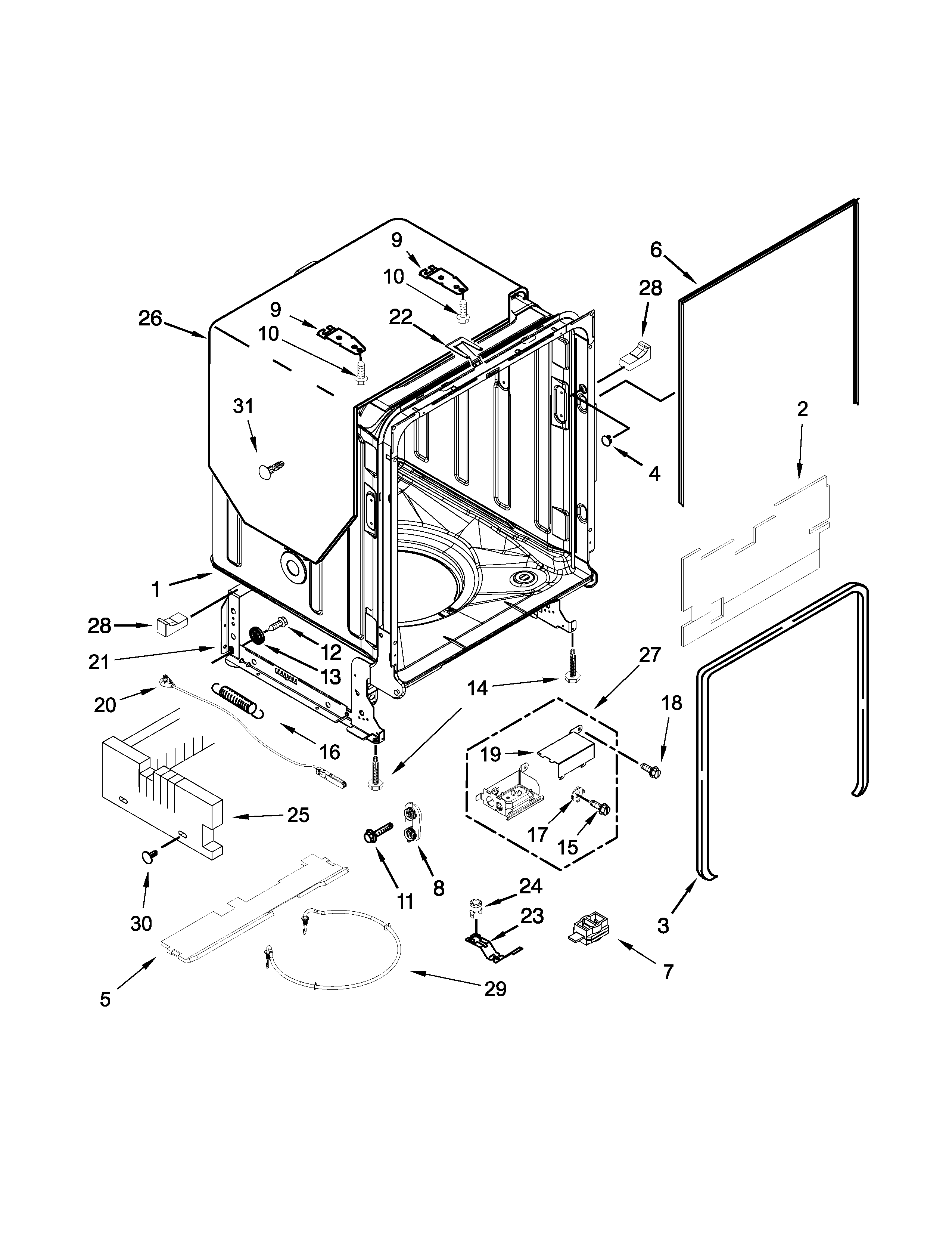 Kenmore Elite 66514769N510 tub and frame parts diagram