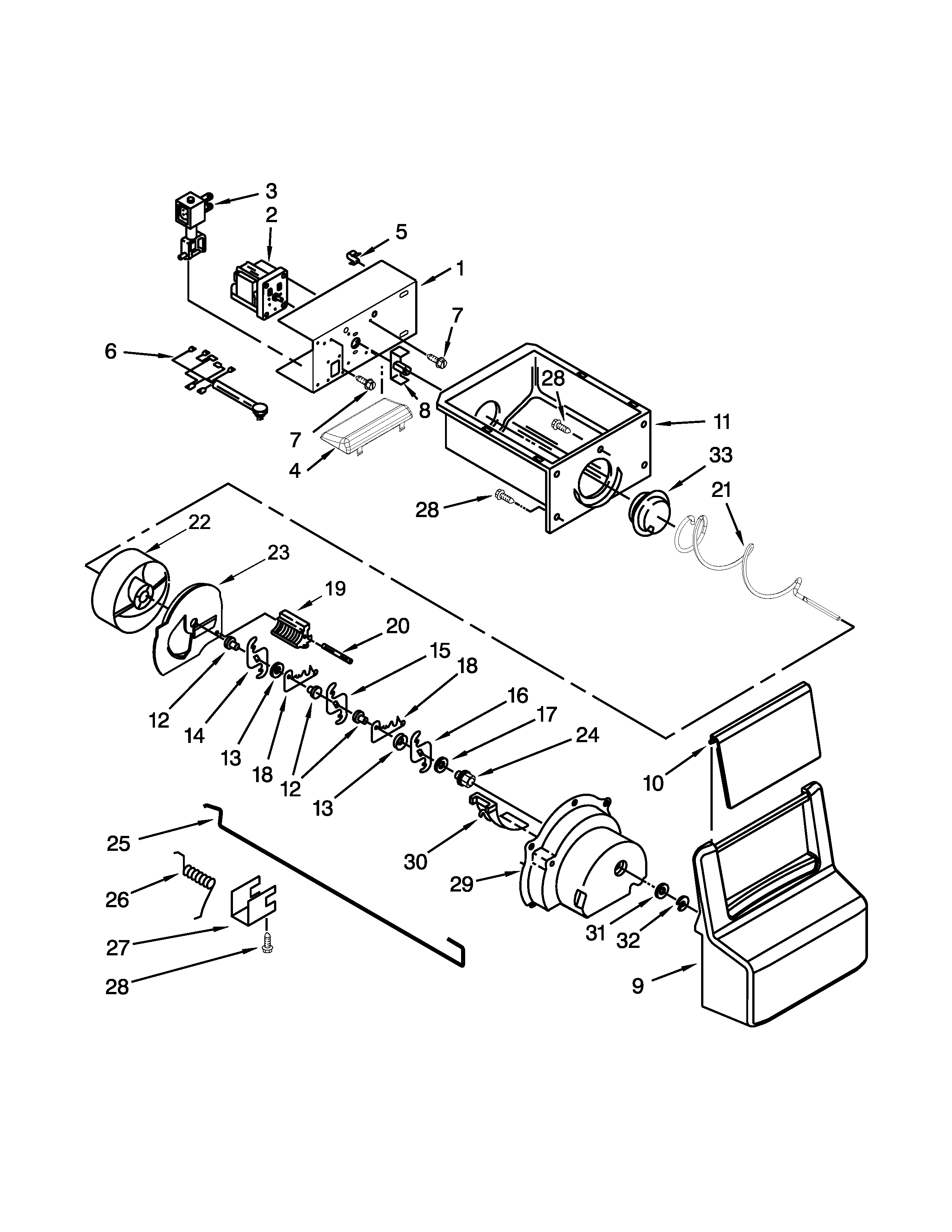 Kenmore 10651124211 motor and ice container parts diagram