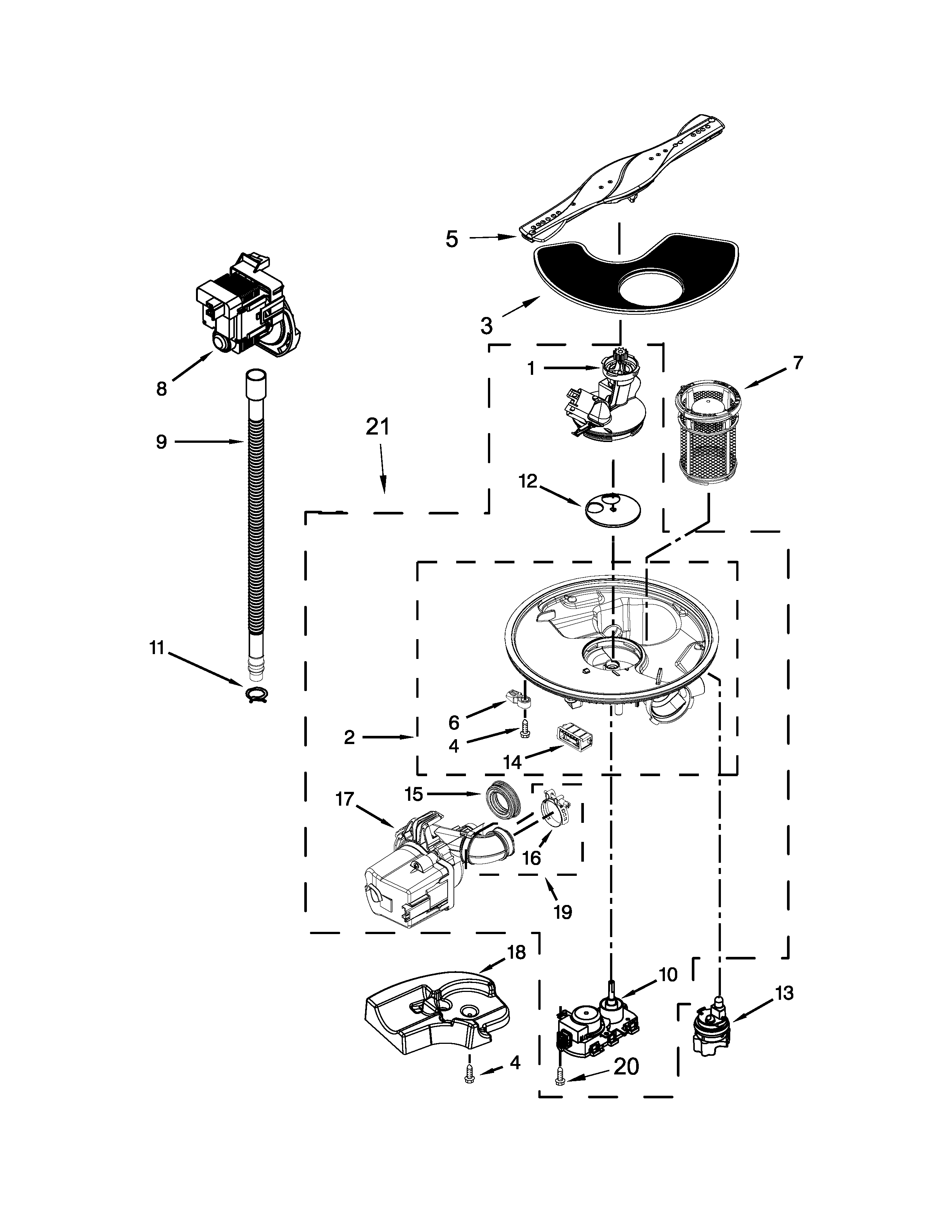 Kenmore 66513549N412 pump, washarm and motor parts diagram