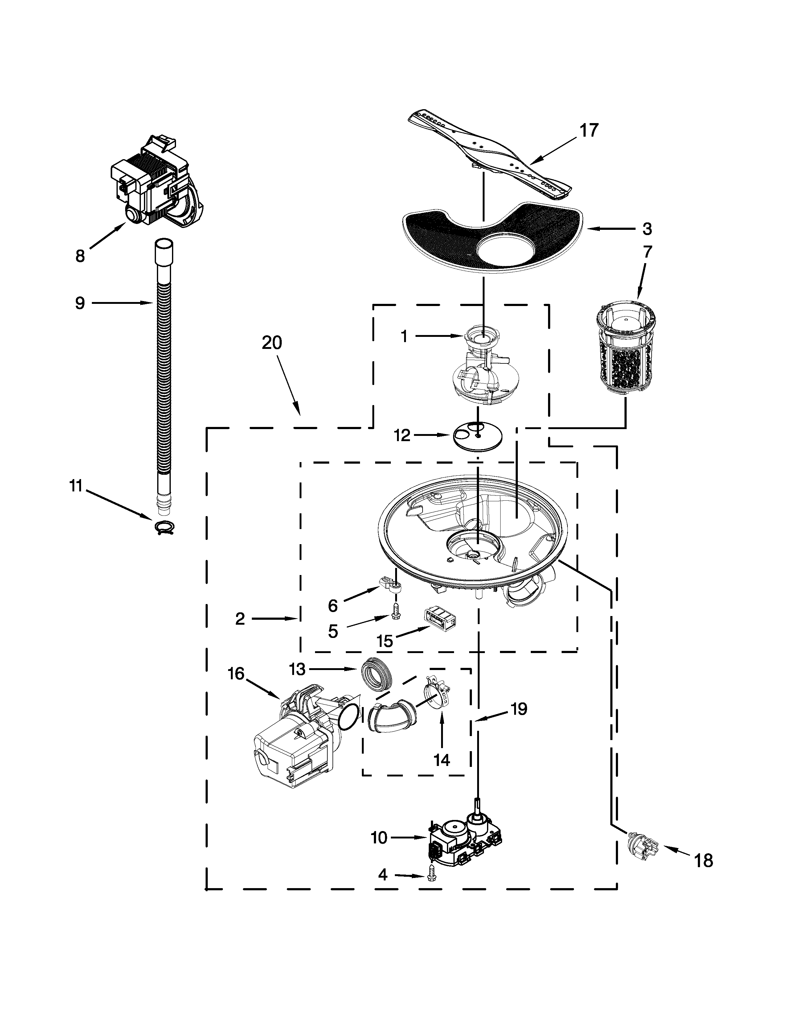 Kenmore 66513099N412 pump, washarm and motor parts diagram