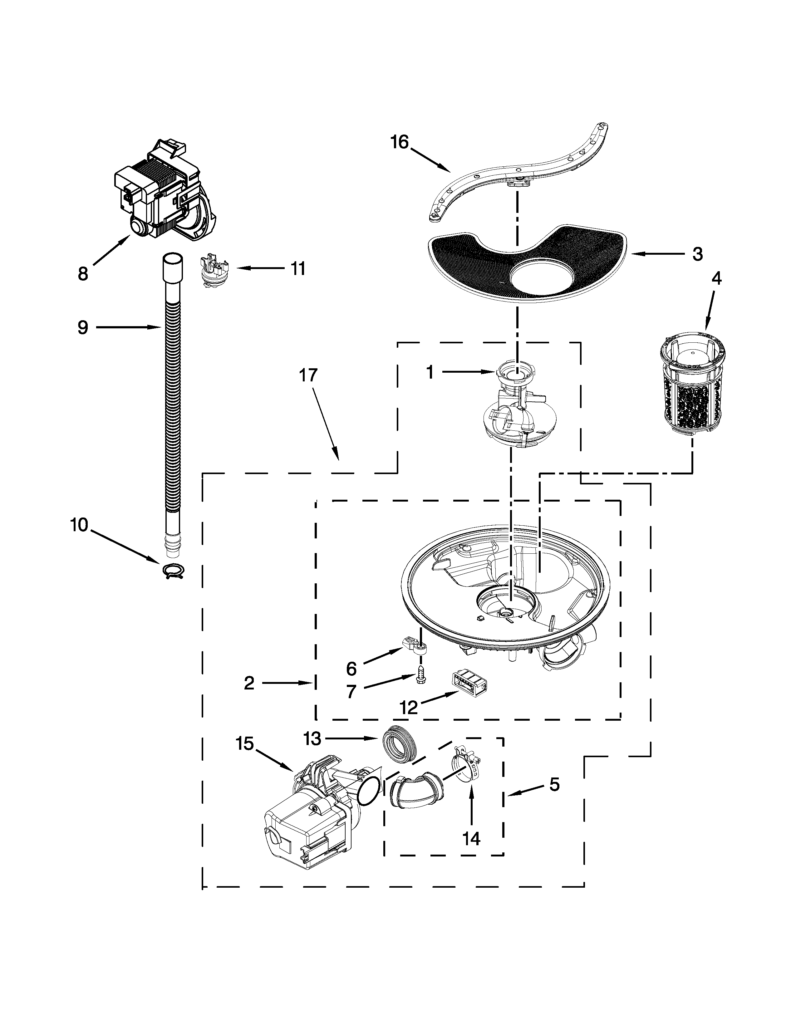 Kenmore 66514319N412 pump, washarm and motor parts diagram