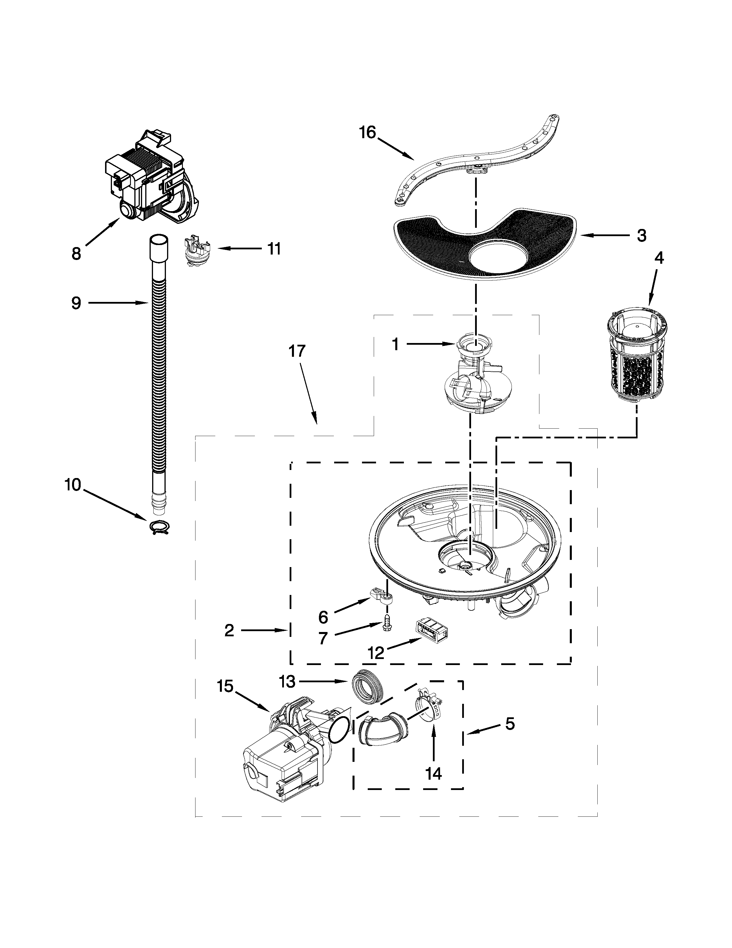 Kenmore 66515112K217 pump, washarm and motor parts diagram