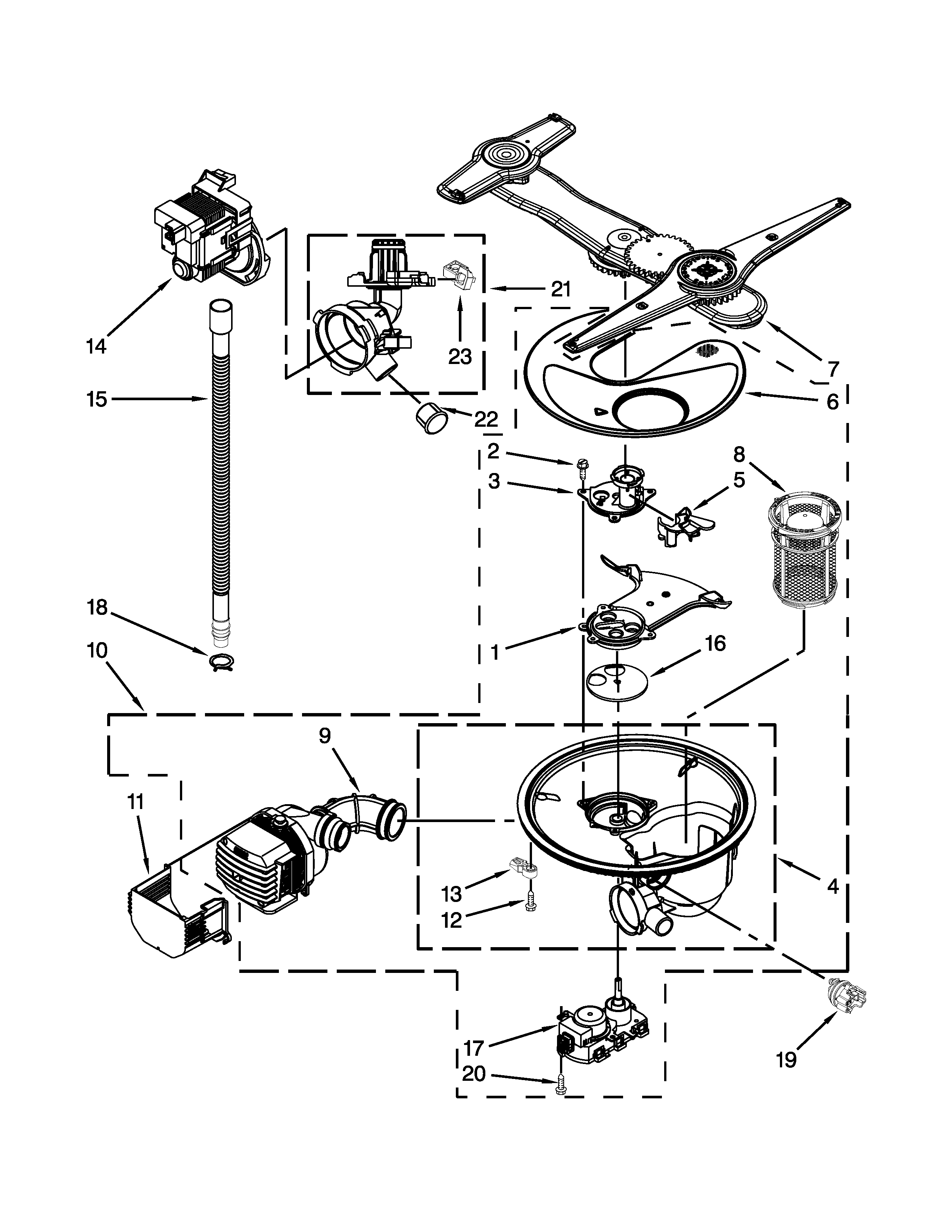 Kenmore Elite 66513972K013 pump, washarm and motor parts diagram