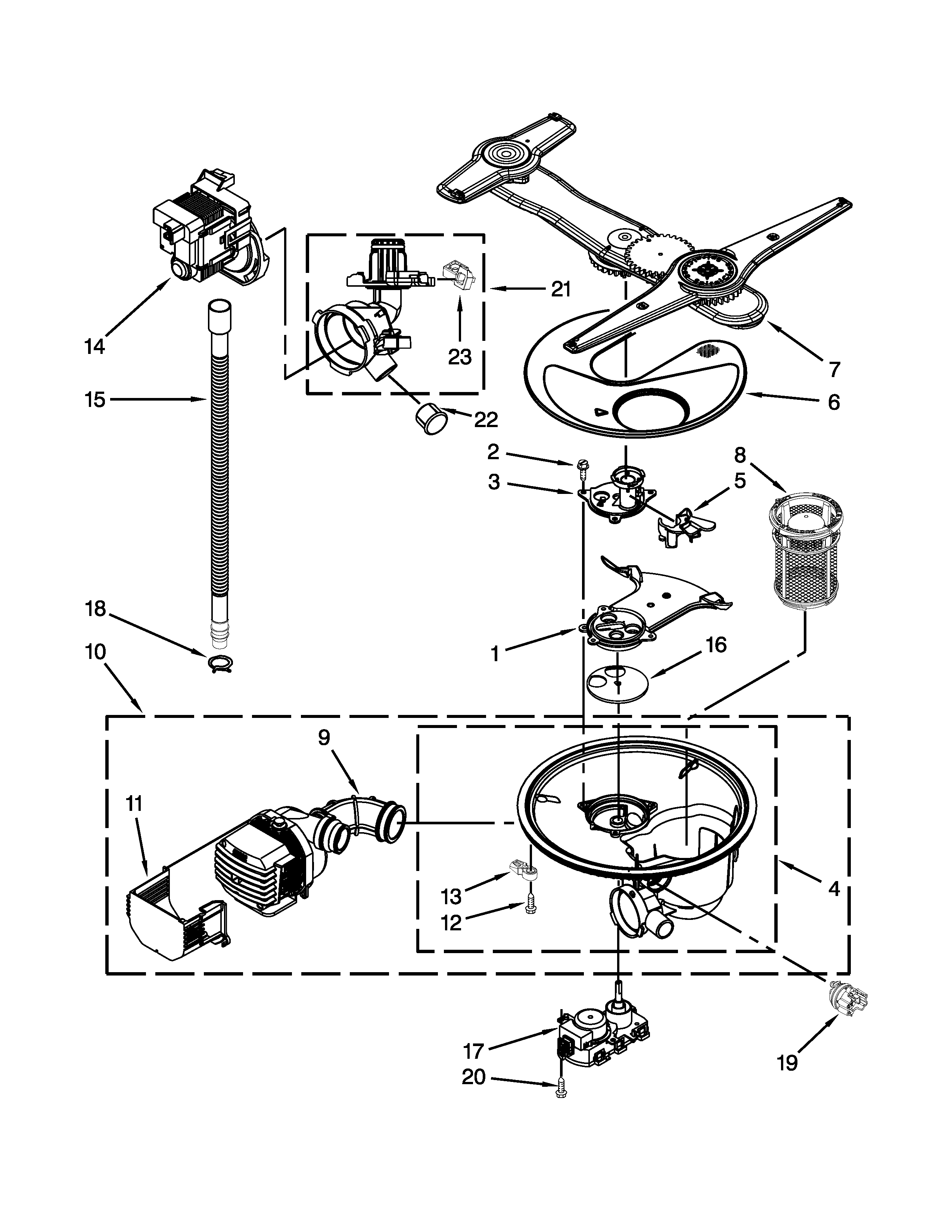 Kenmore Elite 66513973K015 pump, washarm and motor parts diagram