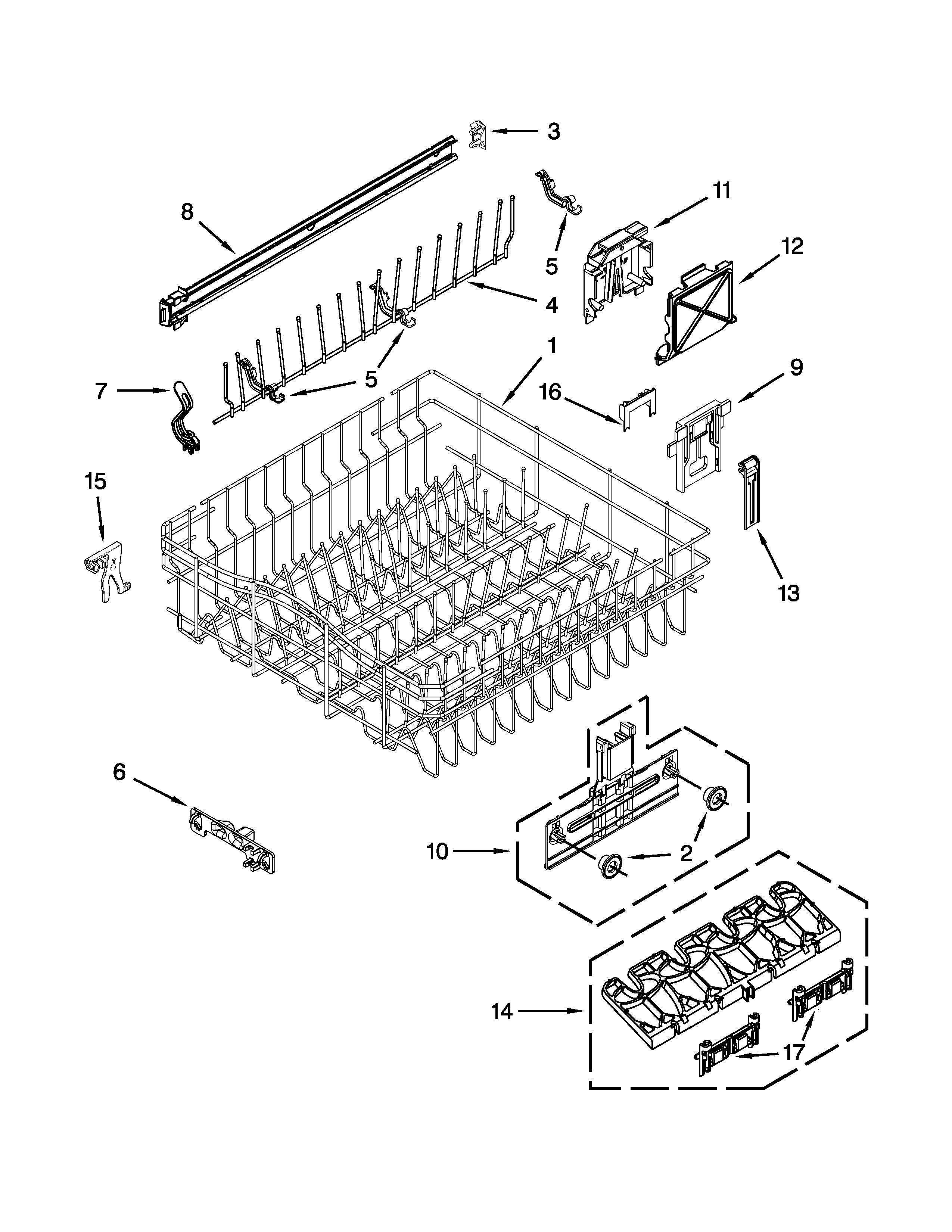 Kenmore Elite 66513973K015 upper rack and track parts diagram