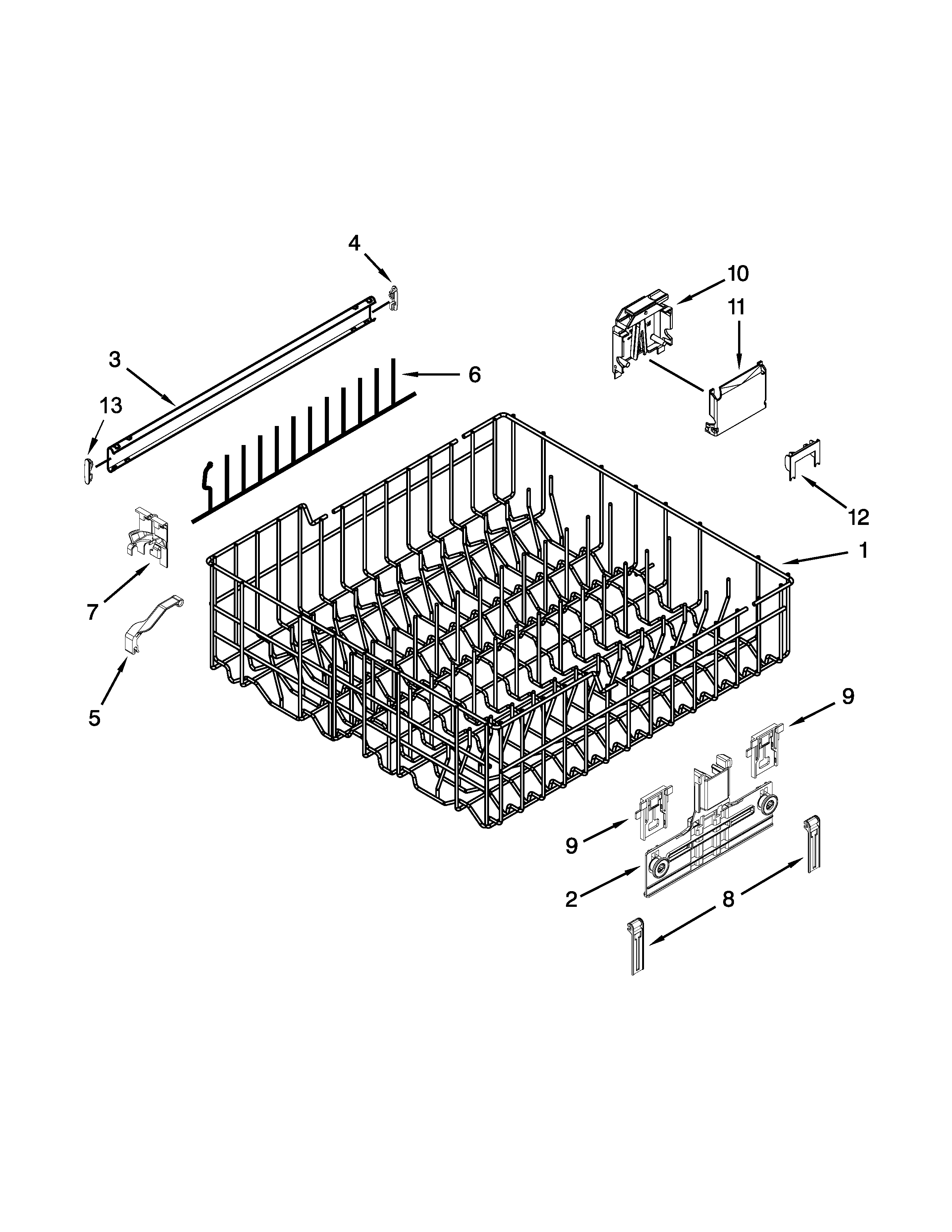 Kenmore 66513409N411 upper rack and track parts diagram