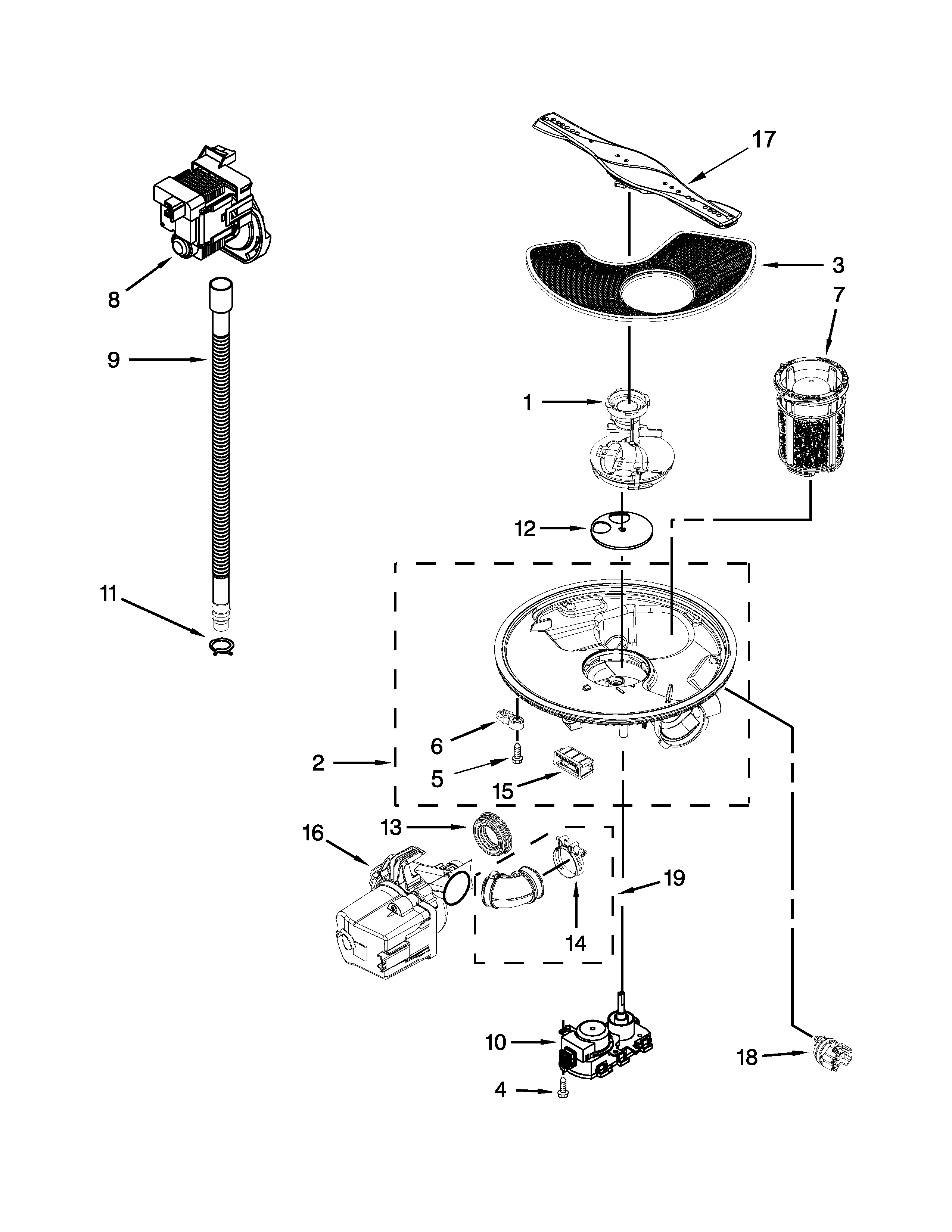 Kenmore 66513493N410 pump, washarm and motor parts diagram