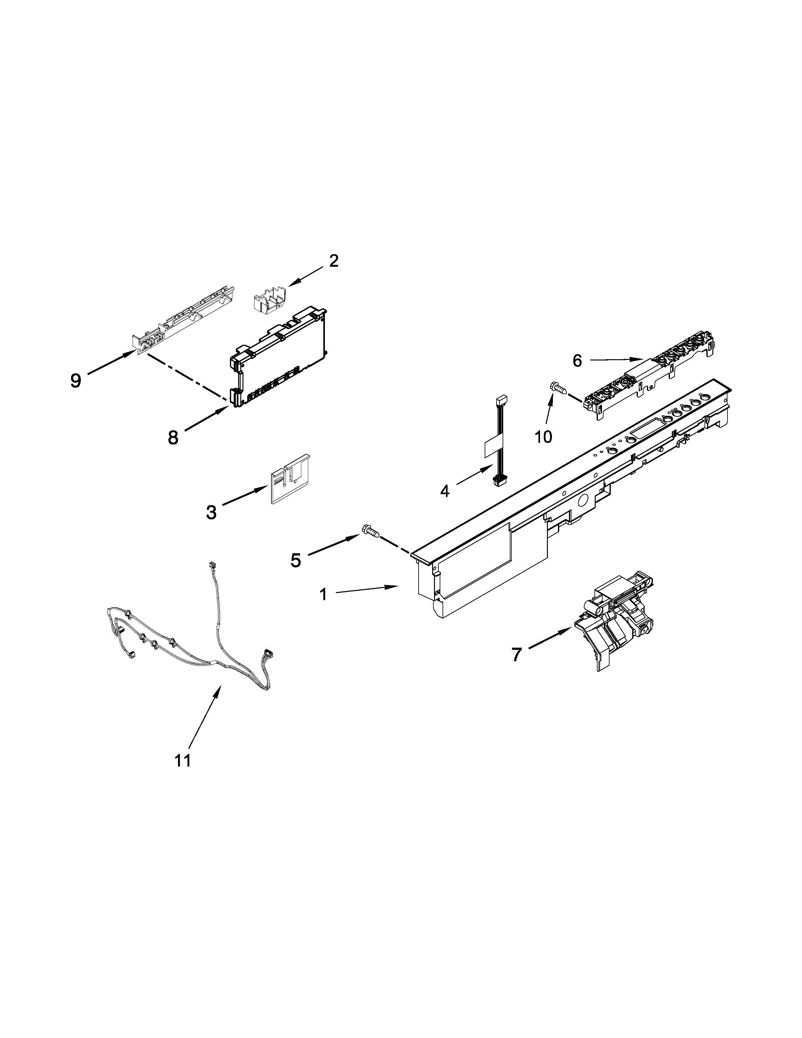 Kenmore 66513543N411 control panel and latch parts diagram