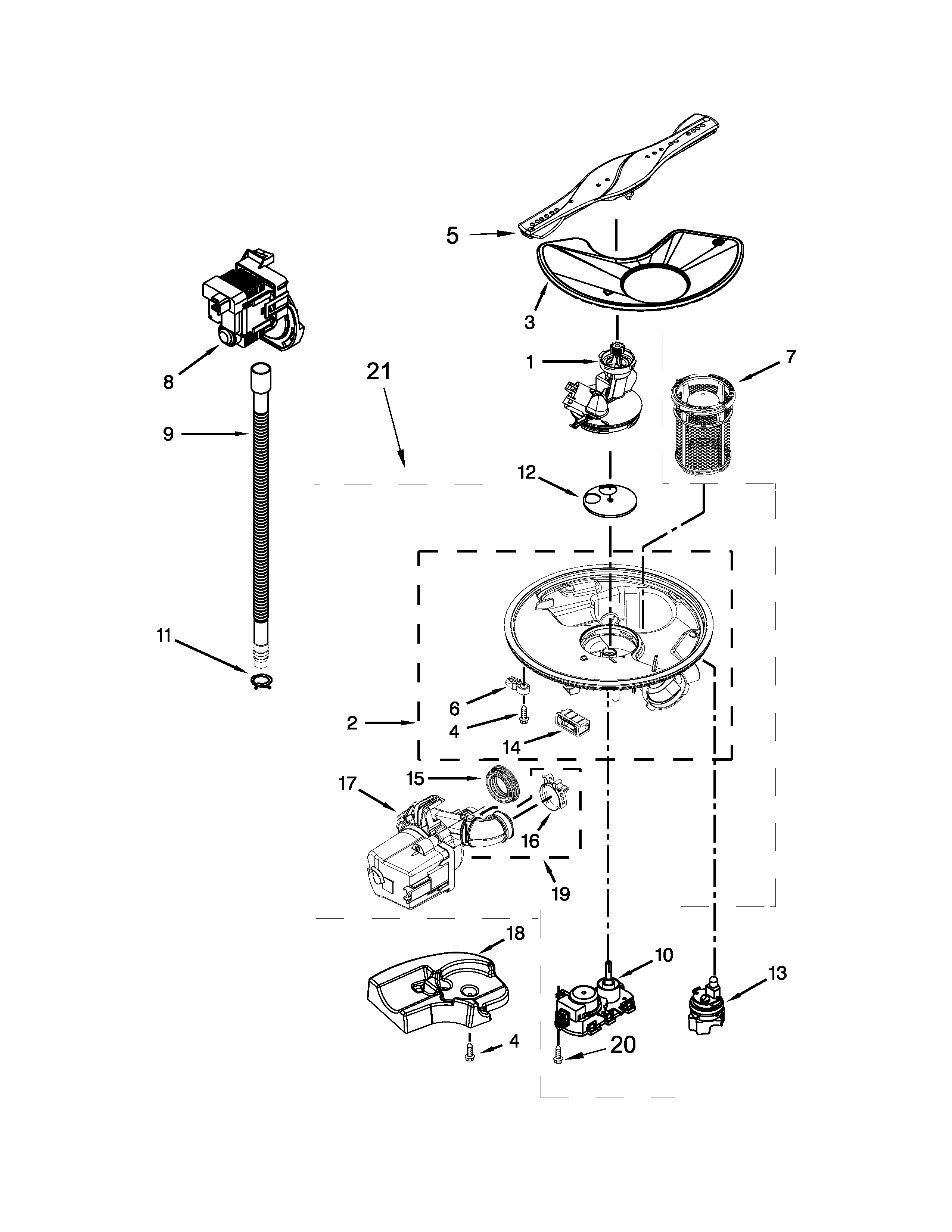 Kenmore 66513543N411 pump, washarm and motor parts diagram