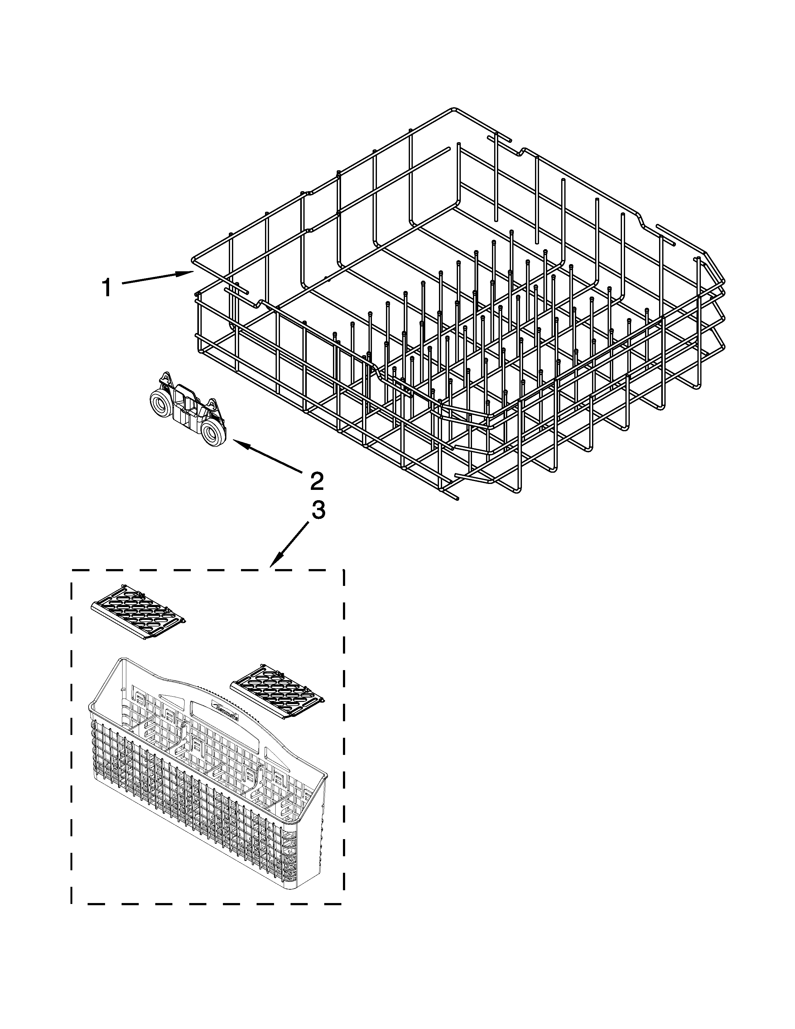 Kenmore 66513543N411 lower rack parts diagram