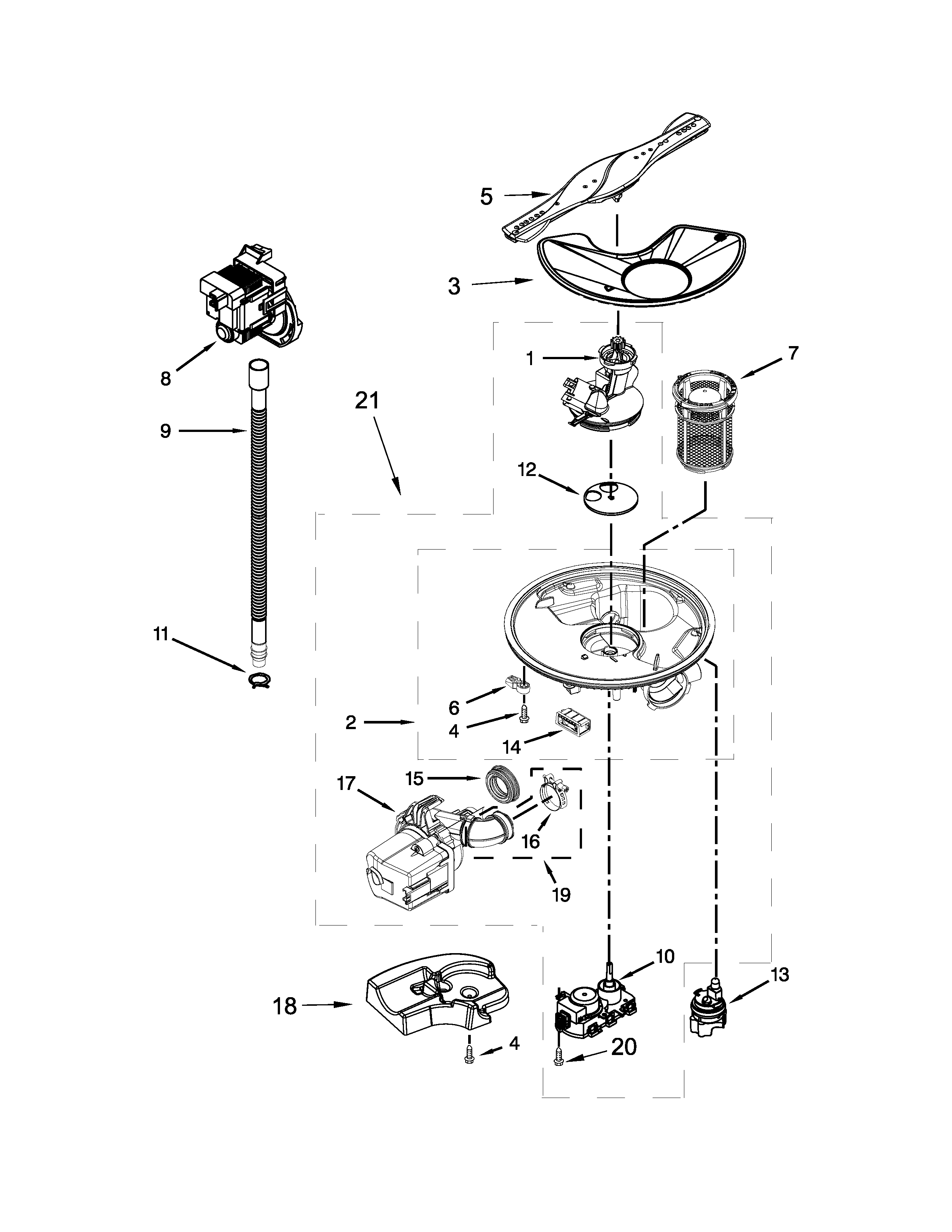 Kenmore 66513692N410 pump, washarm and motor parts diagram