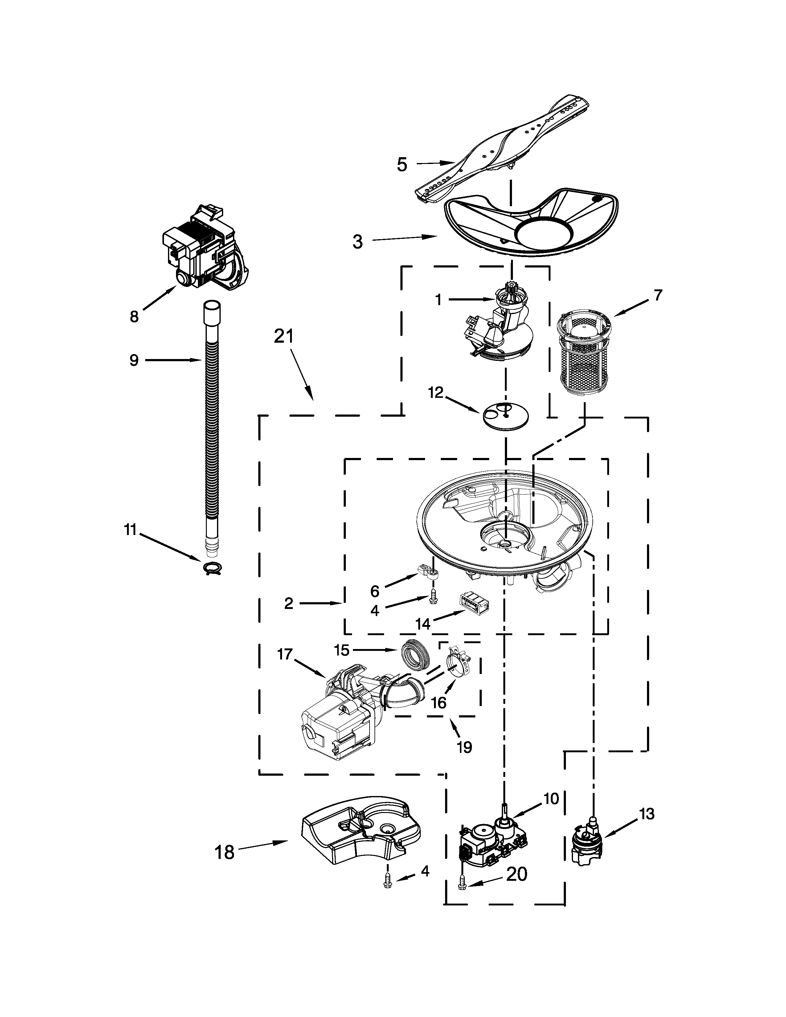 Kenmore 66513693N411 pump, washarm and motor parts diagram