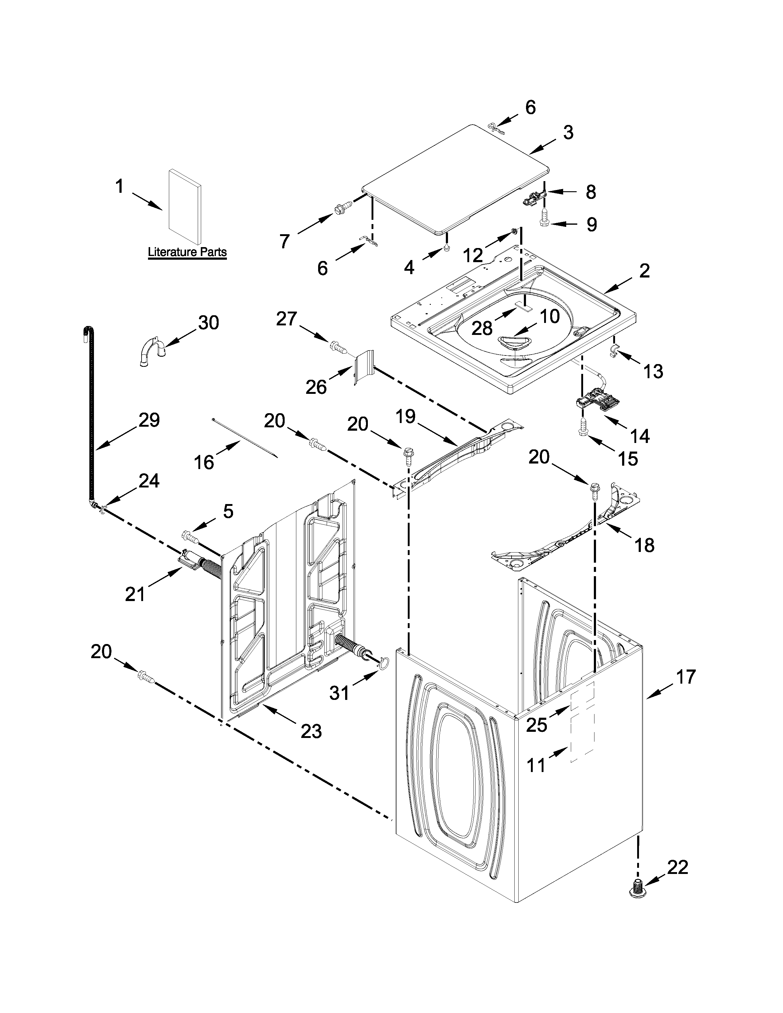 Kenmore 11022352510 top and cabinet parts diagram