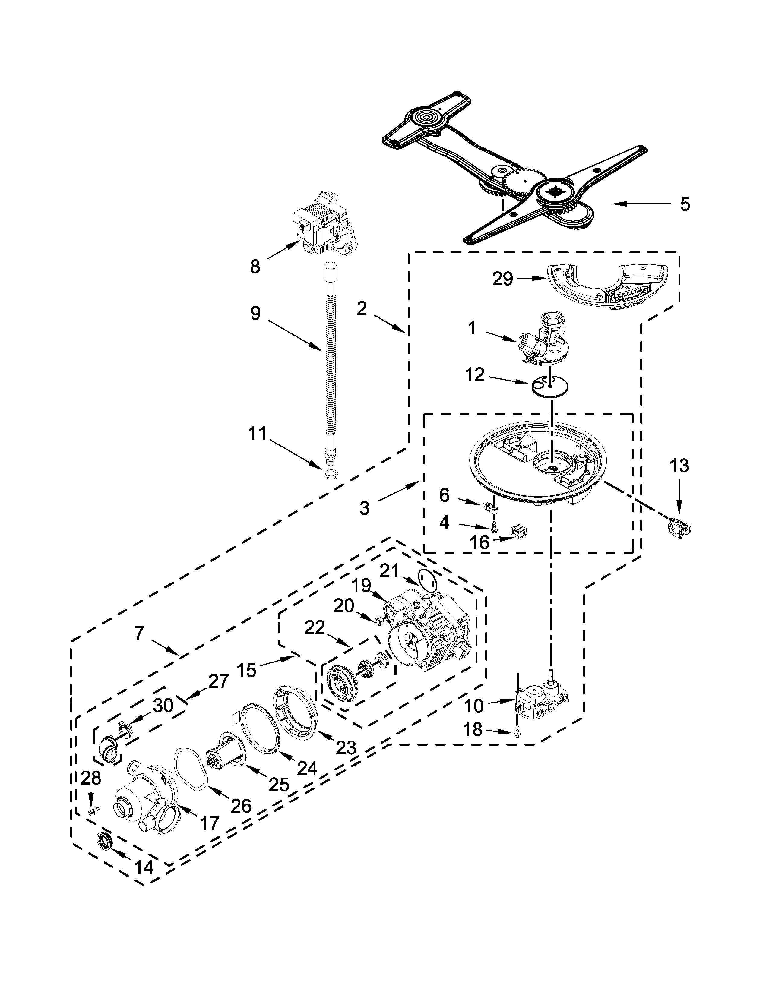 Kenmore Elite 66514815N610 pump, washarm and motor parts diagram