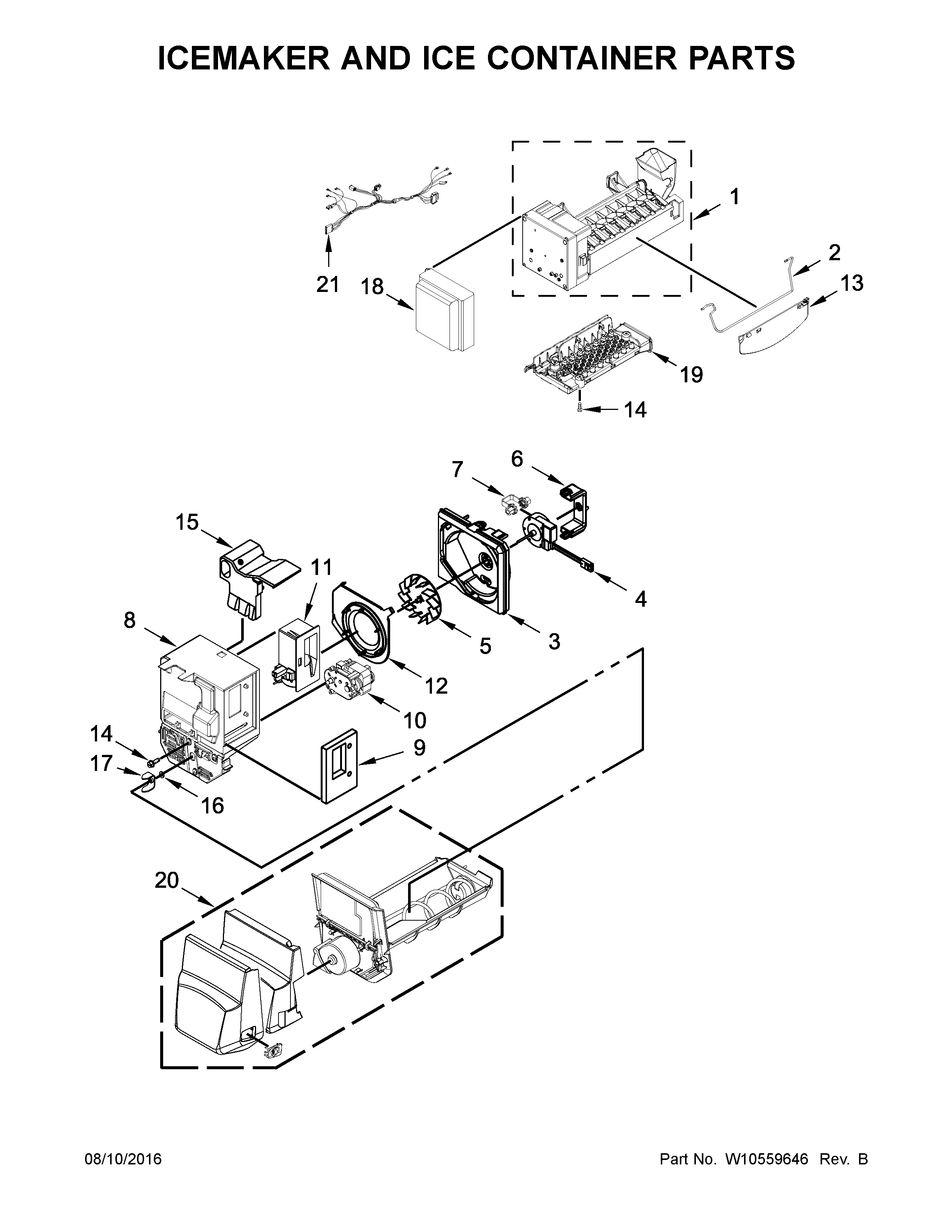 Kenmore 59679243017 icemaker and ice container parts diagram