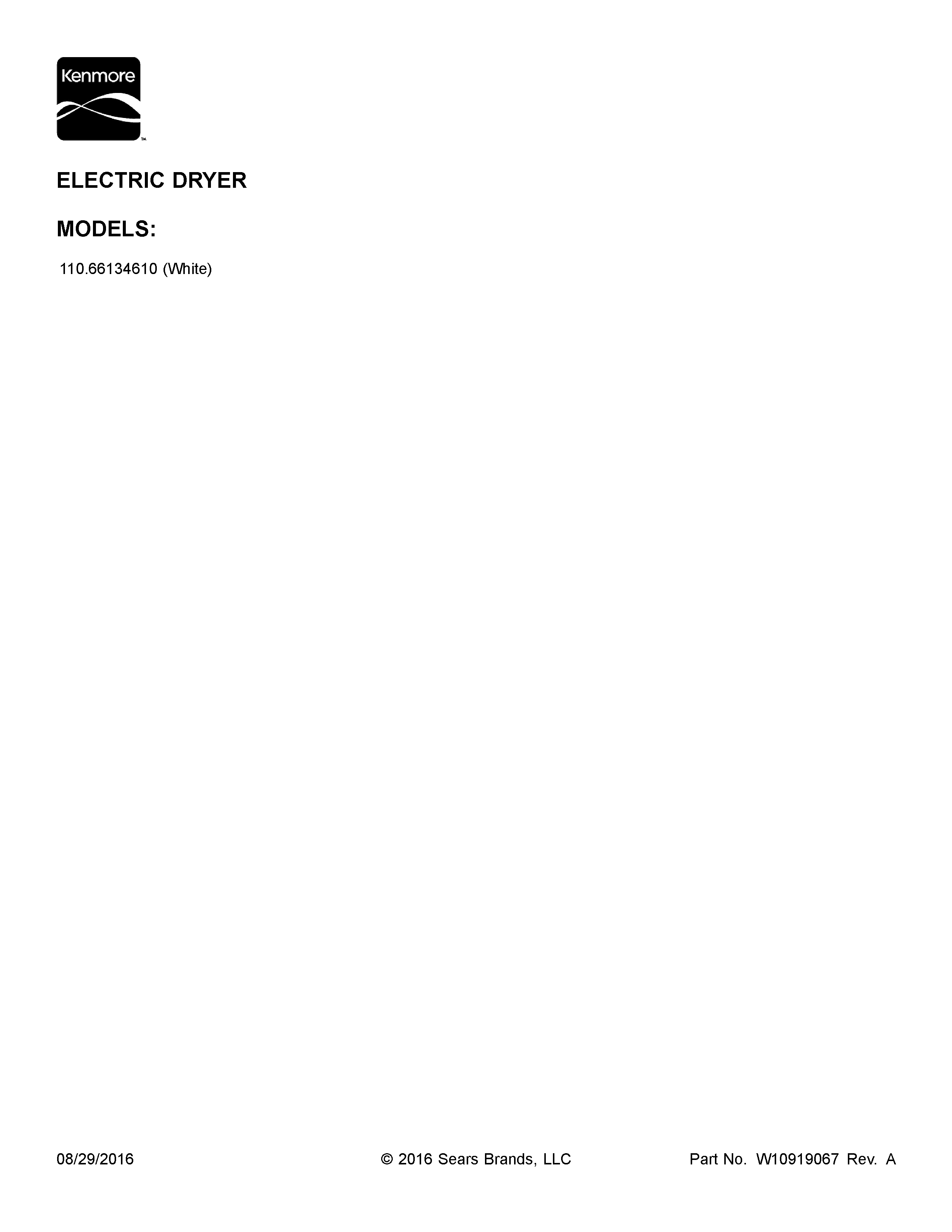 Kenmore 11066134610 cover sheet diagram