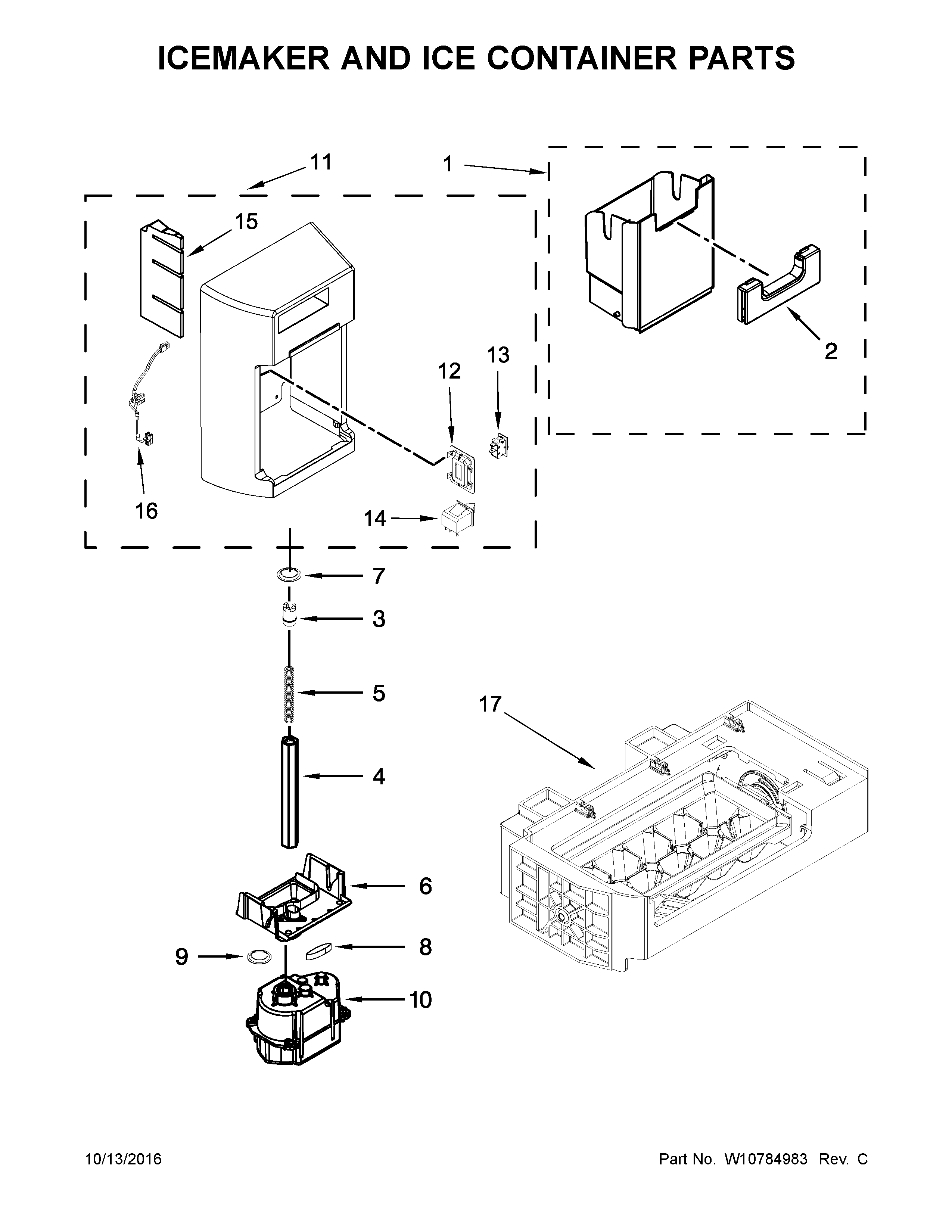 Kenmore Elite 10651773510 icemaker and ice container parts diagram