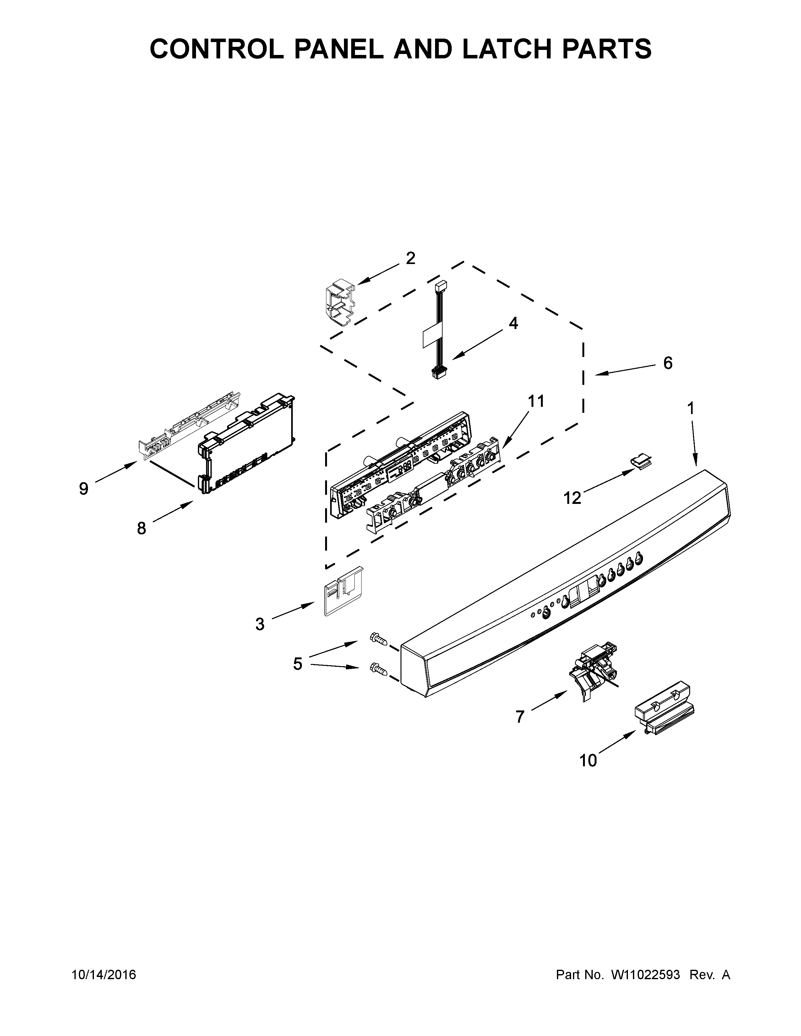 Kenmore 66513402N413 control panel and latch parts diagram