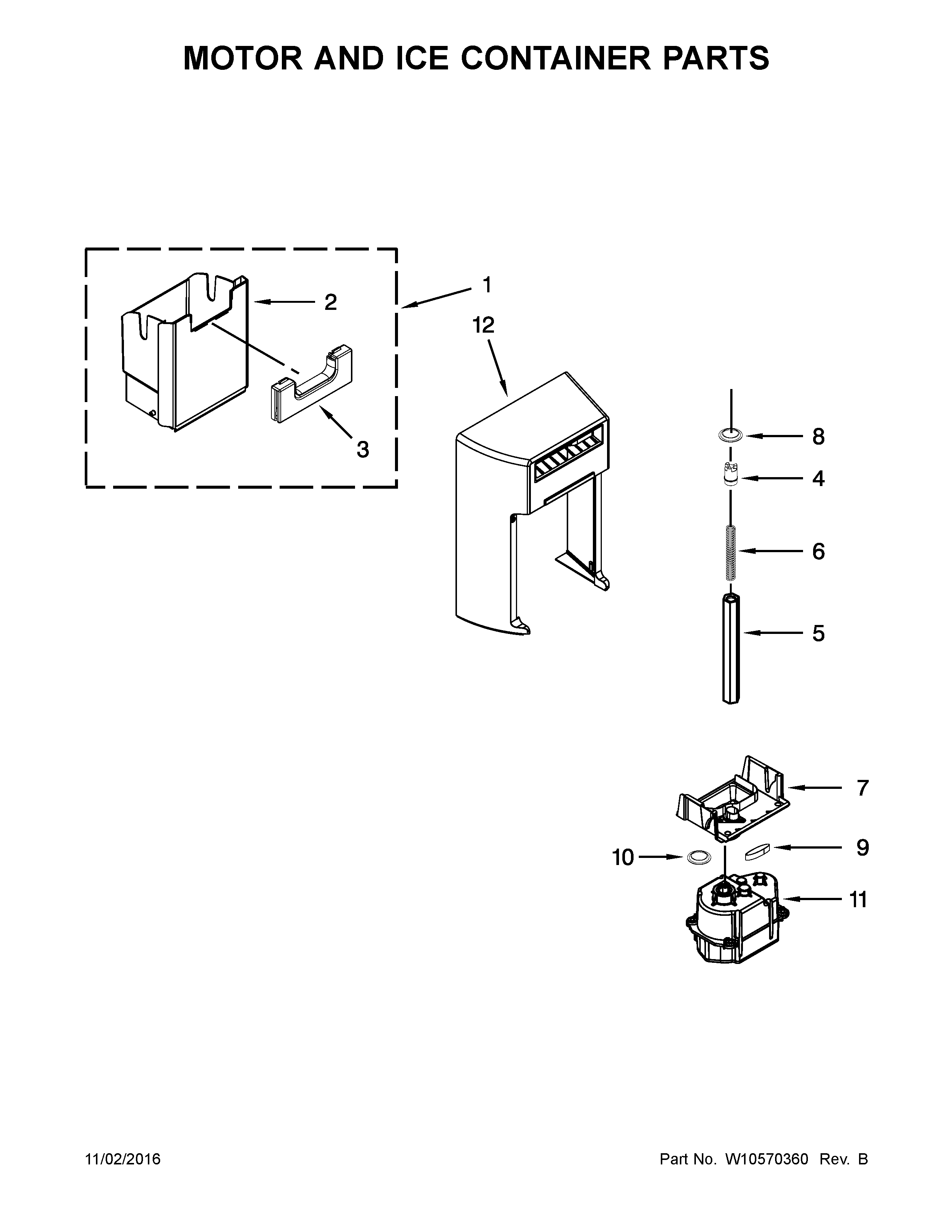 Kenmore Elite 10641169310 motor and ice container parts diagram