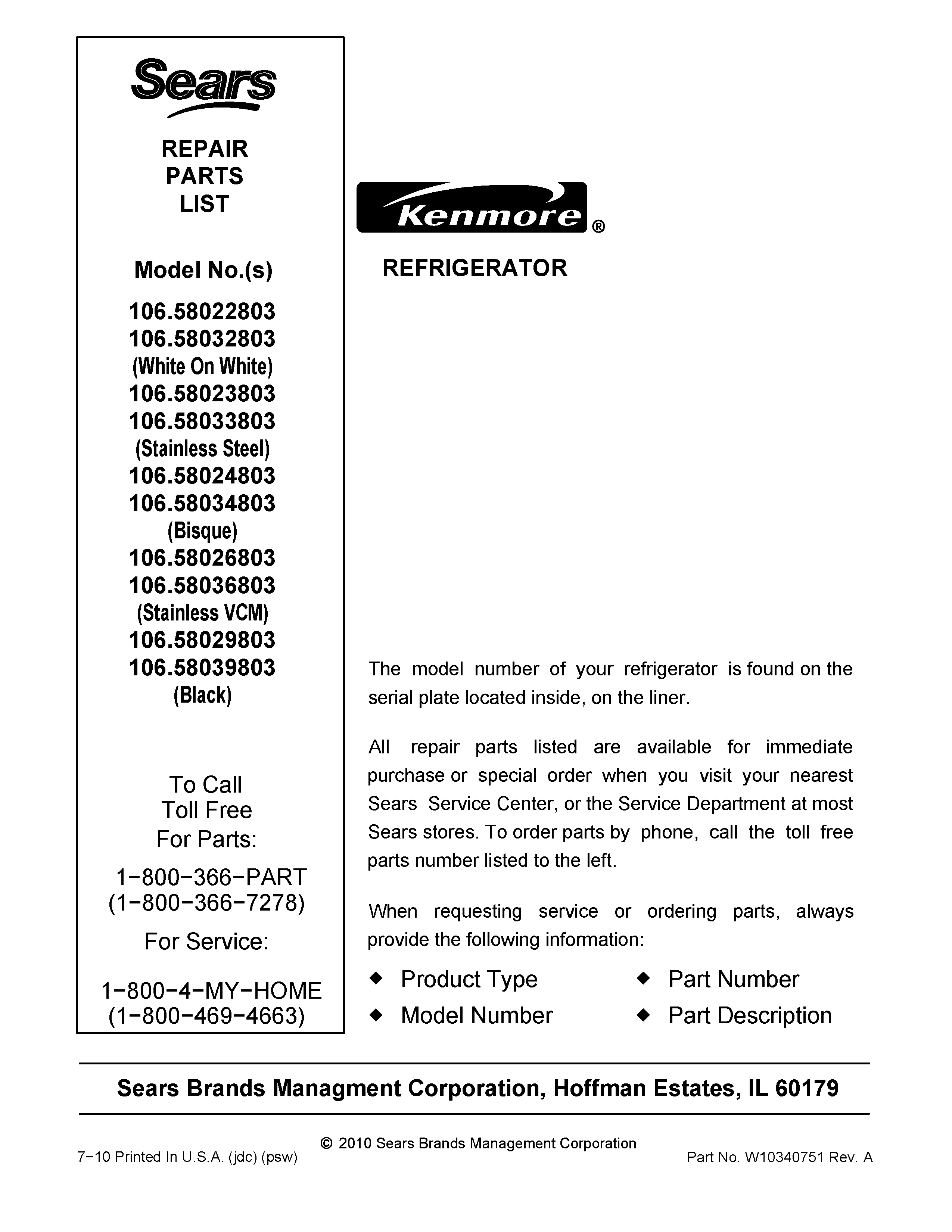 Kenmore 10658022803 cover sheet diagram