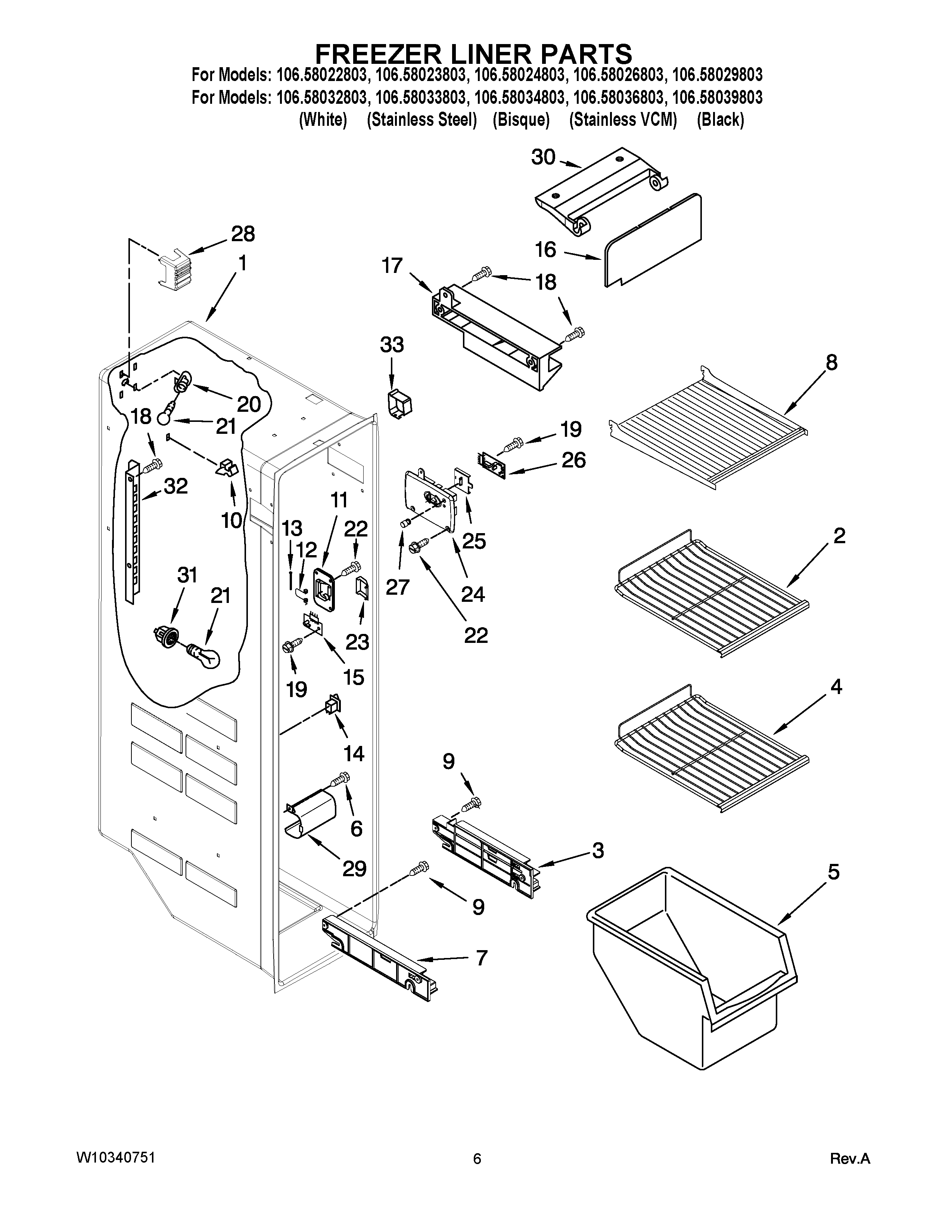 Kenmore 10658022803 freezer liner parts diagram