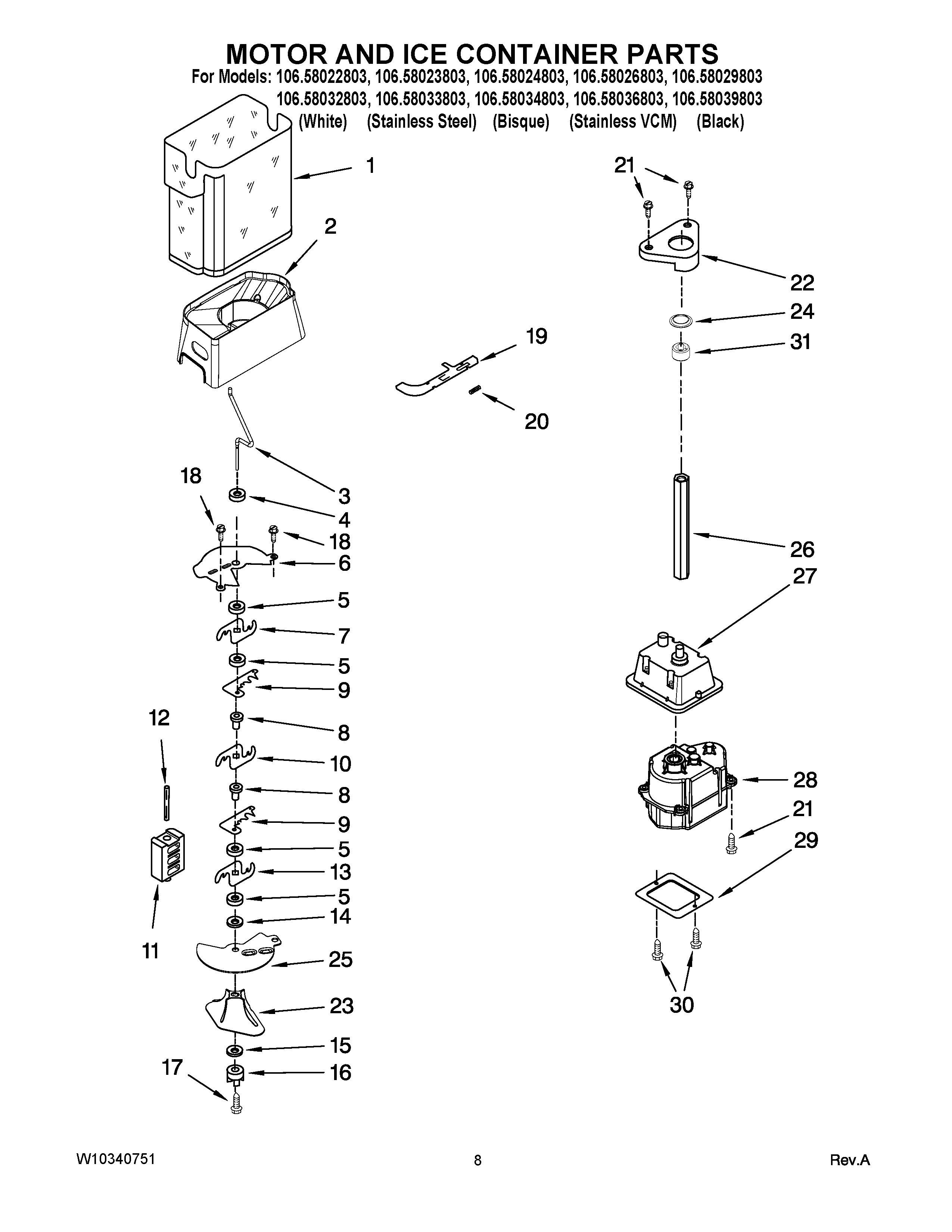 Kenmore 10658022803 motor and ice container parts diagram
