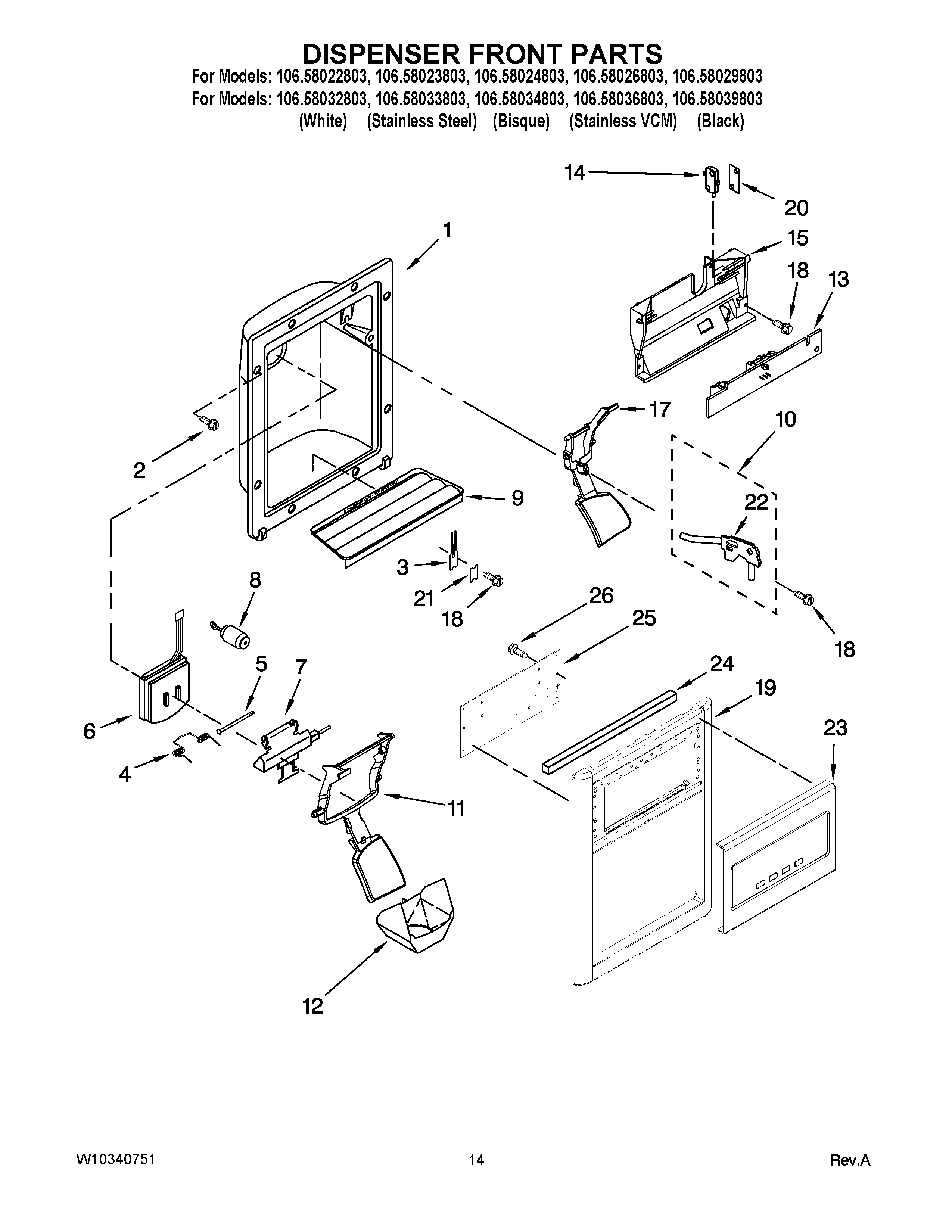 Kenmore 10658022803 dispenser front parts diagram