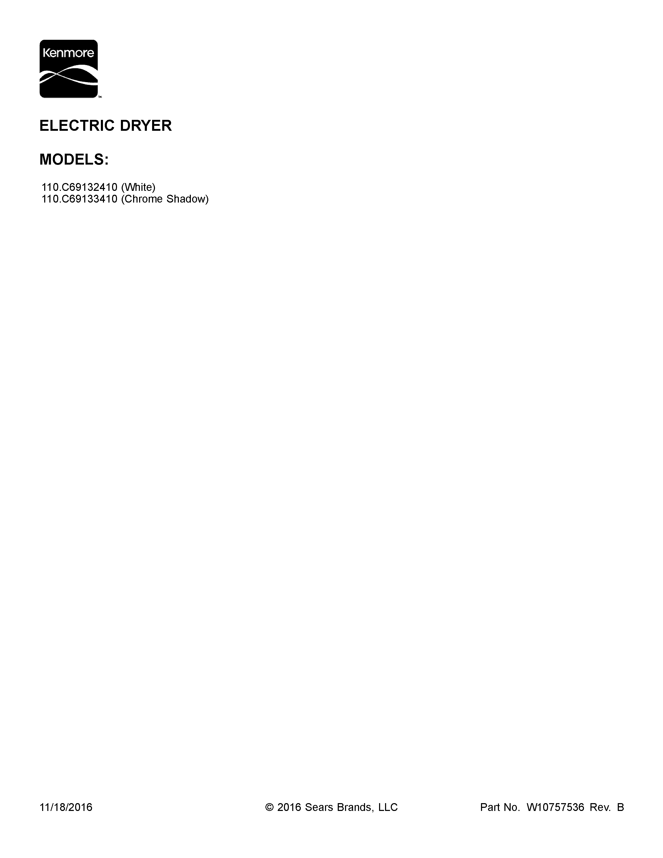 Kenmore 110C69133410 cover sheet diagram
