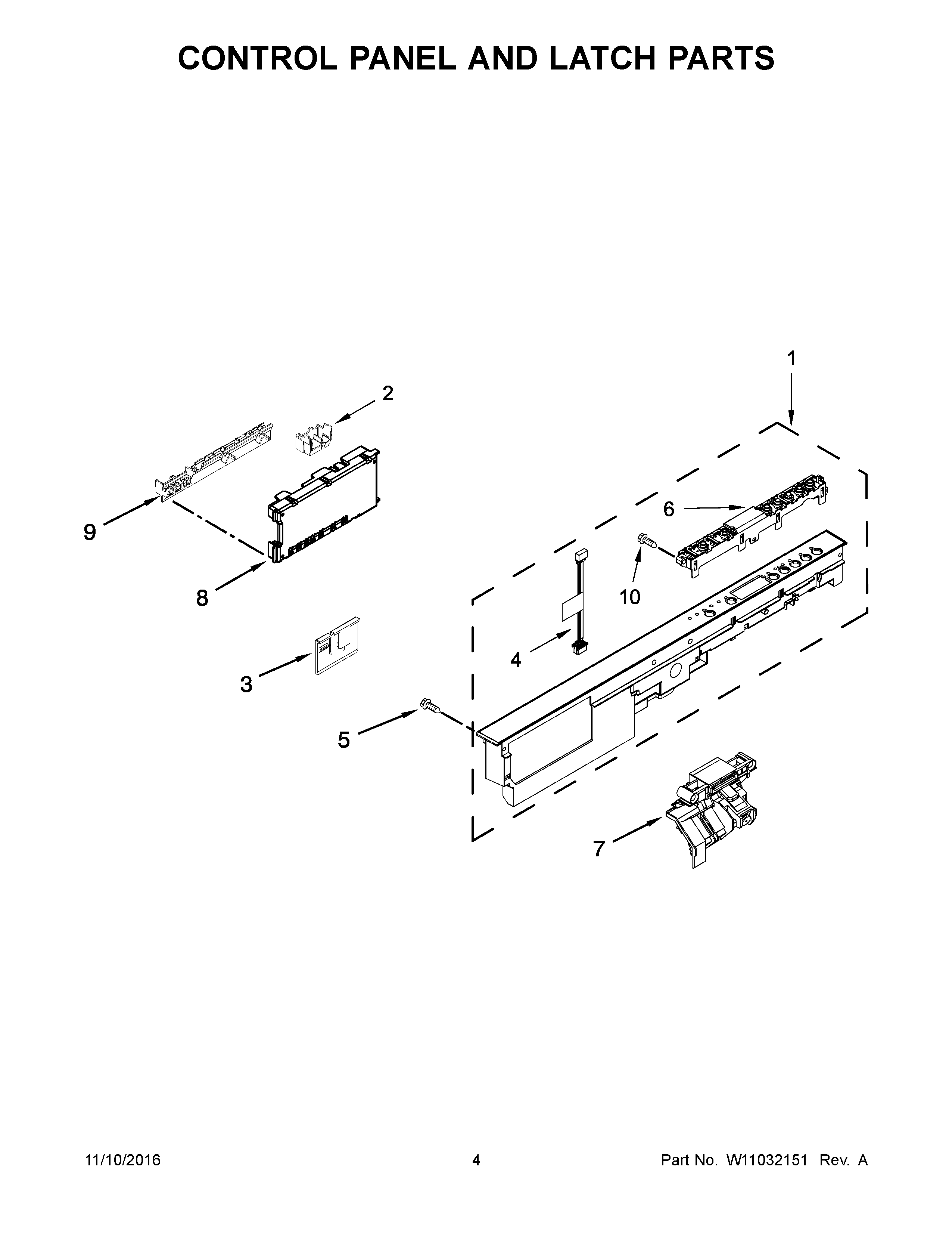 Kenmore 66513543N413 control panel and latch parts diagram