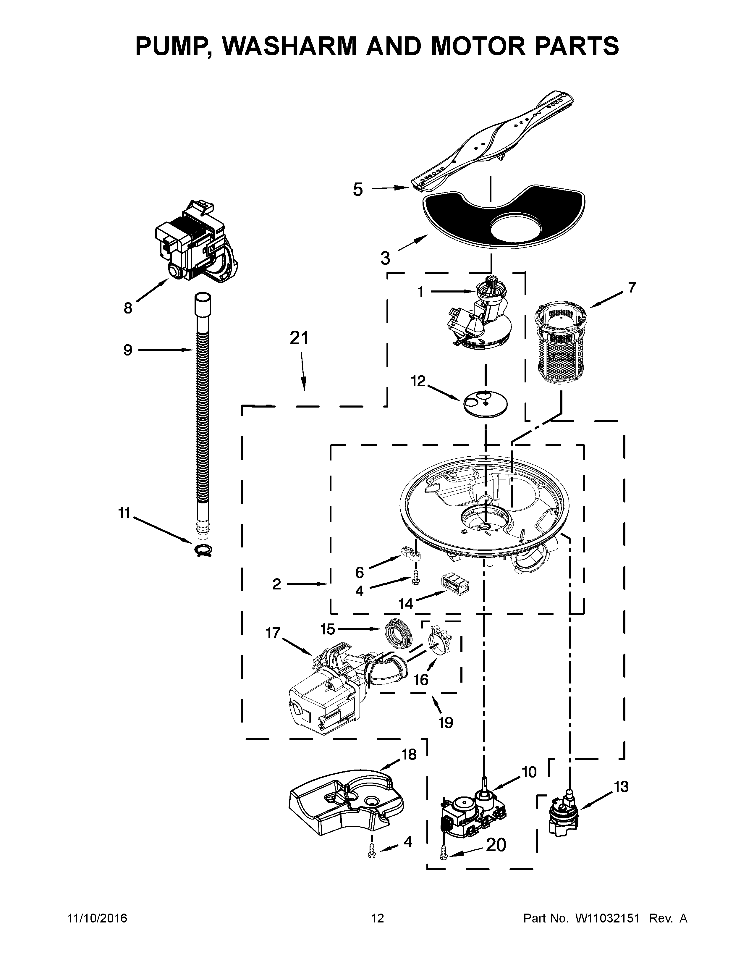 Kenmore 66513543N413 pump, washarm and motor parts diagram