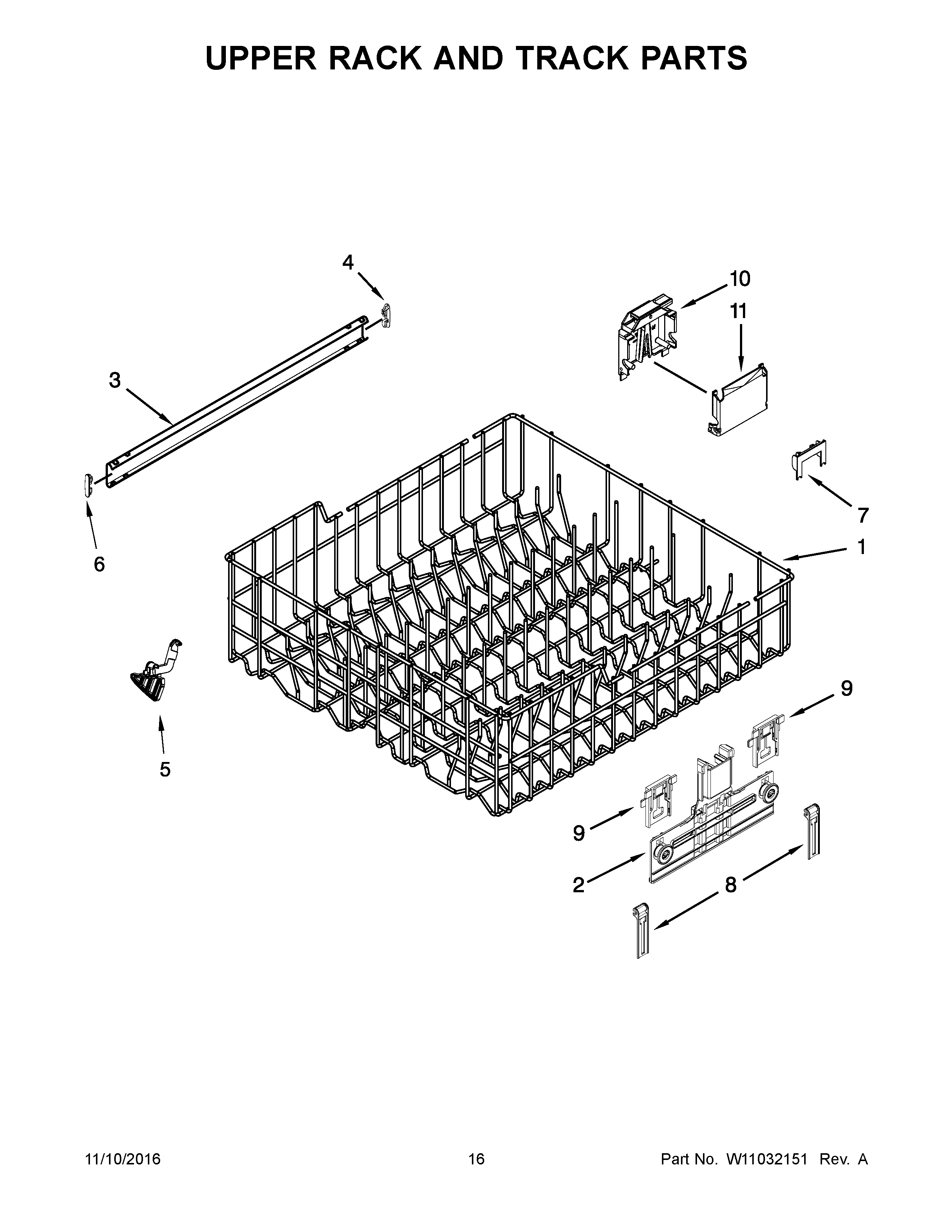Kenmore 66513543N413 upper rack and track parts diagram