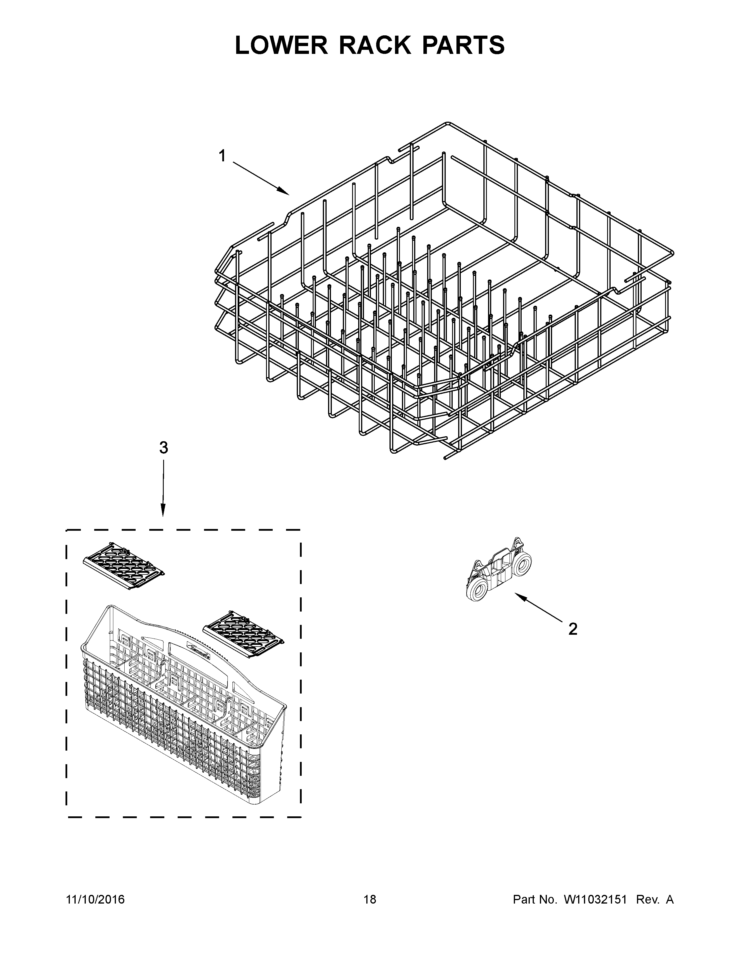 Kenmore 66513543N413 lower rack parts diagram