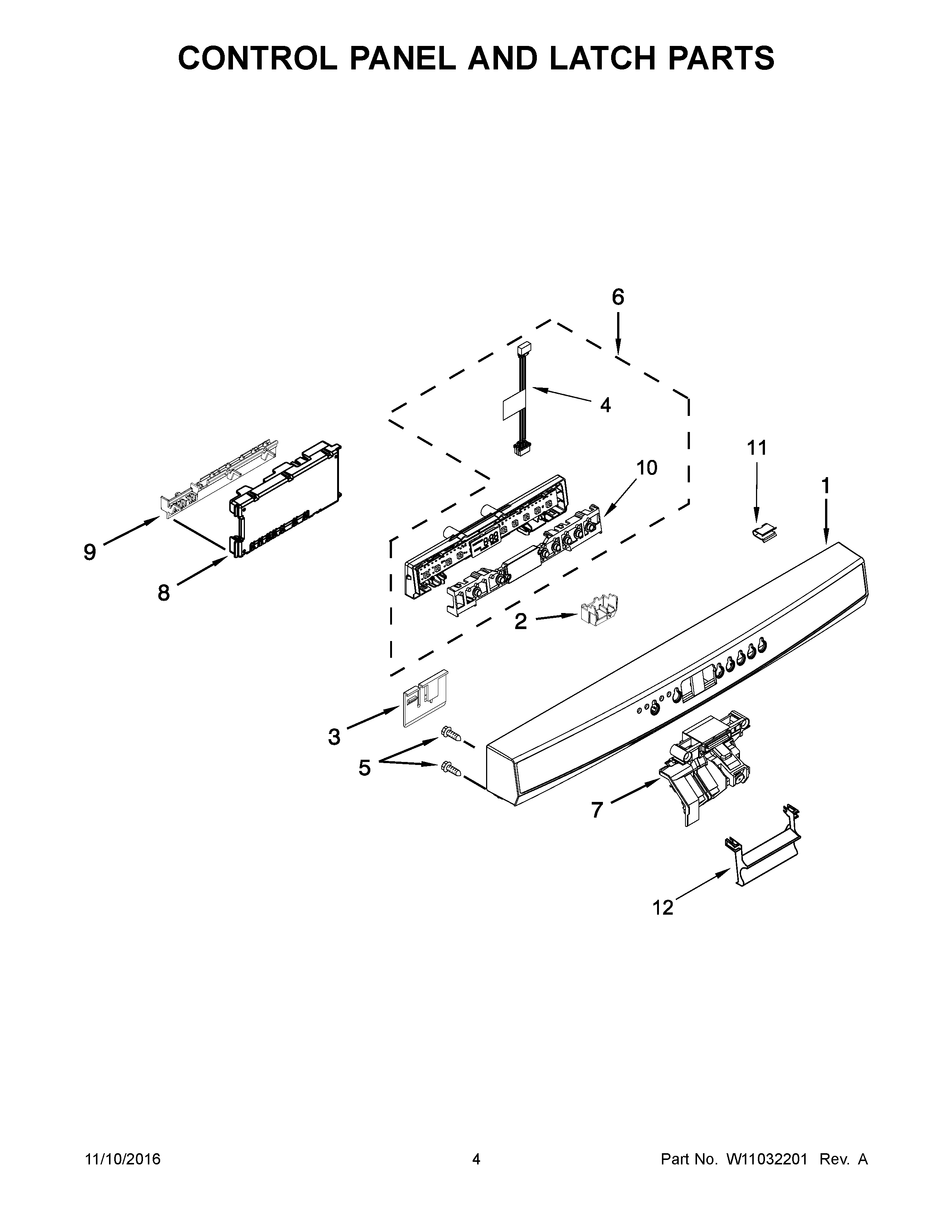 Kenmore 66513222N413 control panel and latch parts diagram