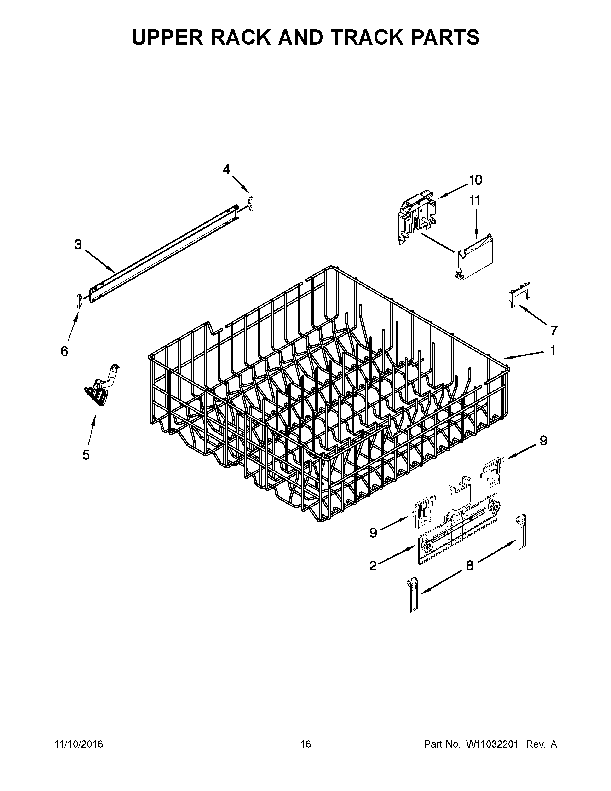 Kenmore 66513222N413 upper rack and track parts diagram
