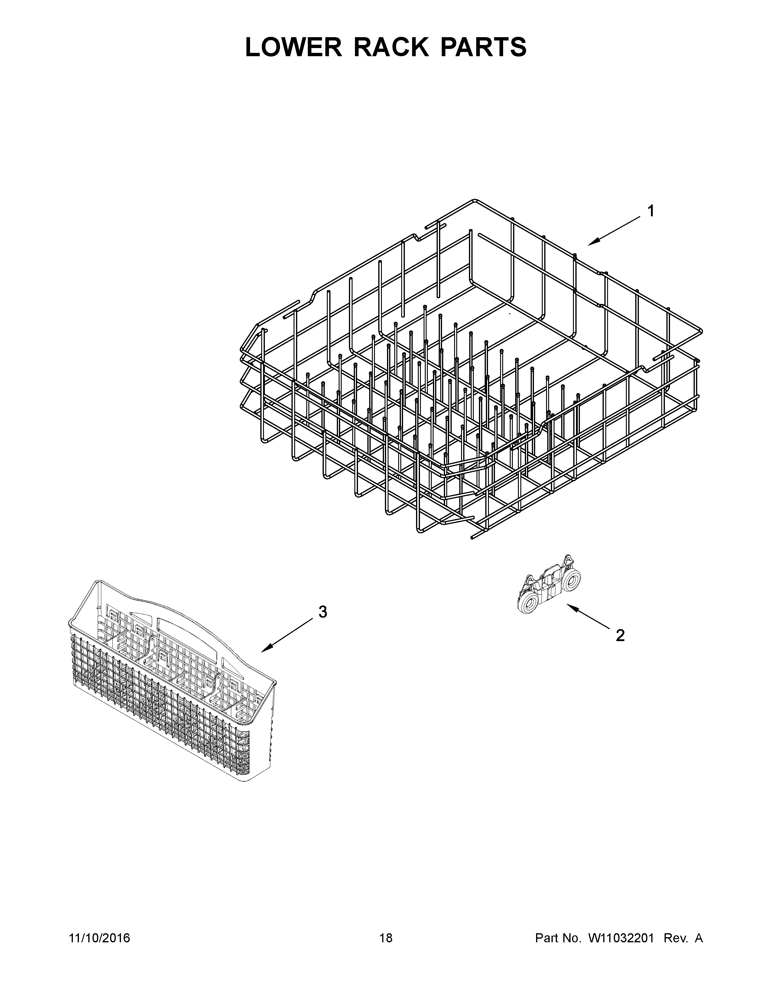 Kenmore 66513222N413 lower rack parts diagram