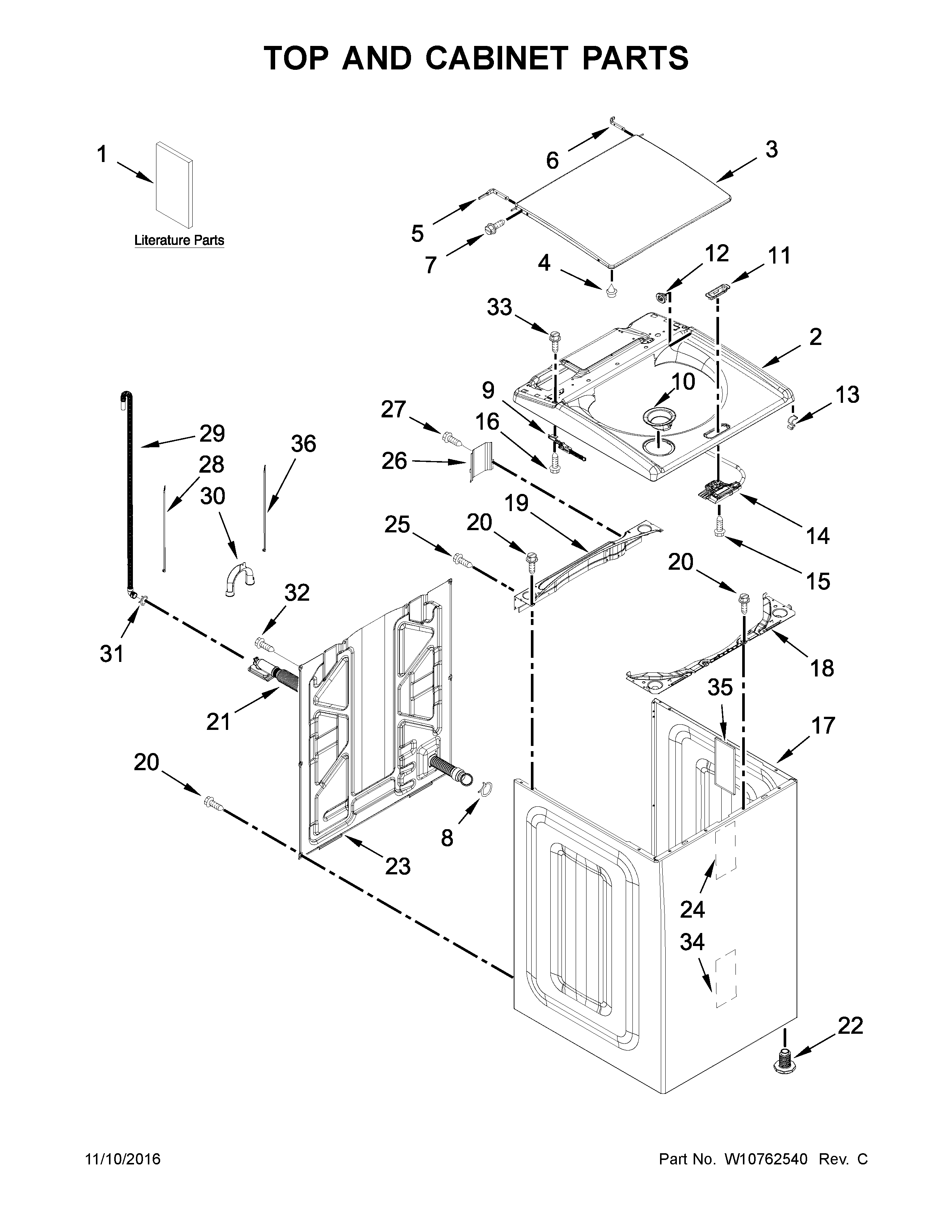 Kenmore 11029132410 top and cabinet parts diagram