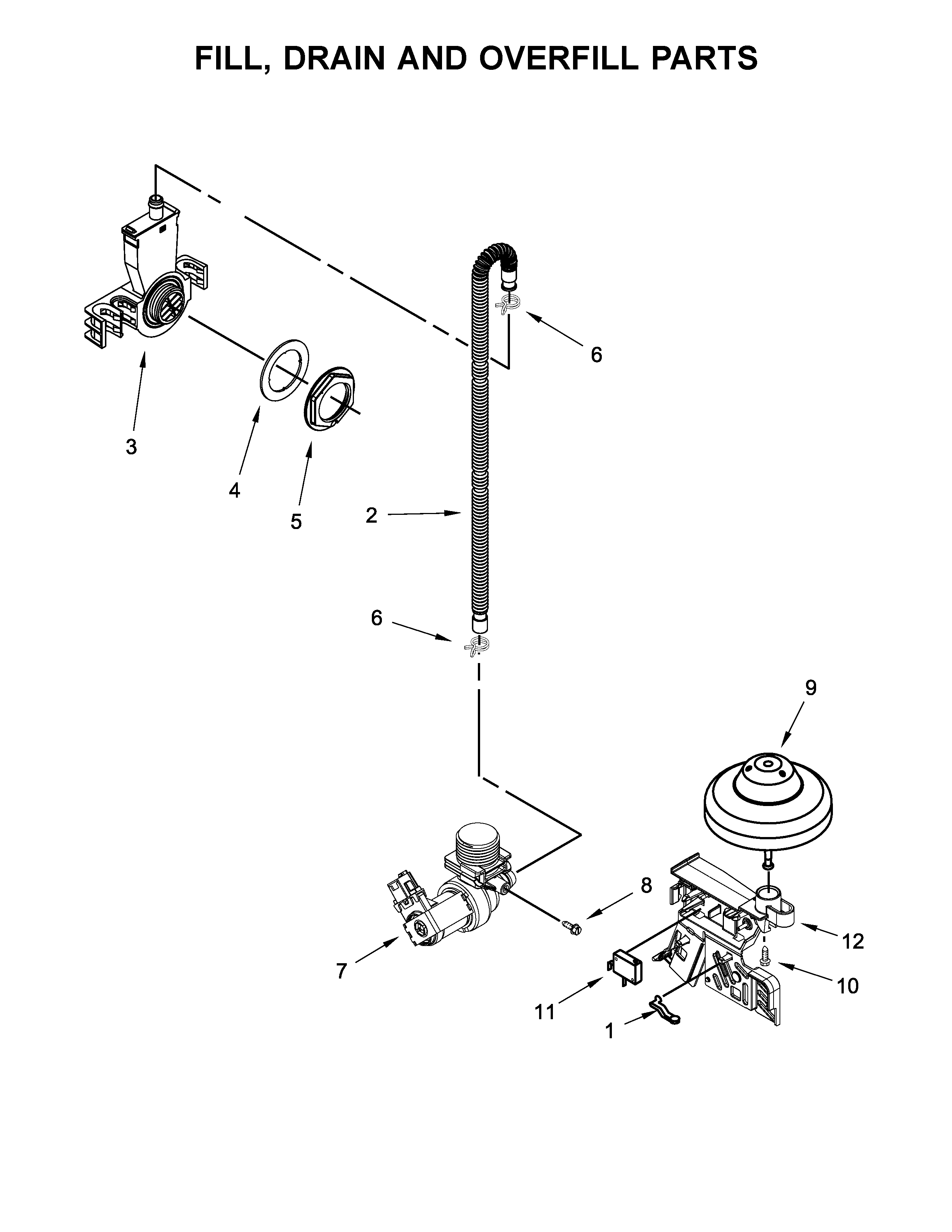 Kenmore 66517489N710 fill, drain and overfill parts diagram