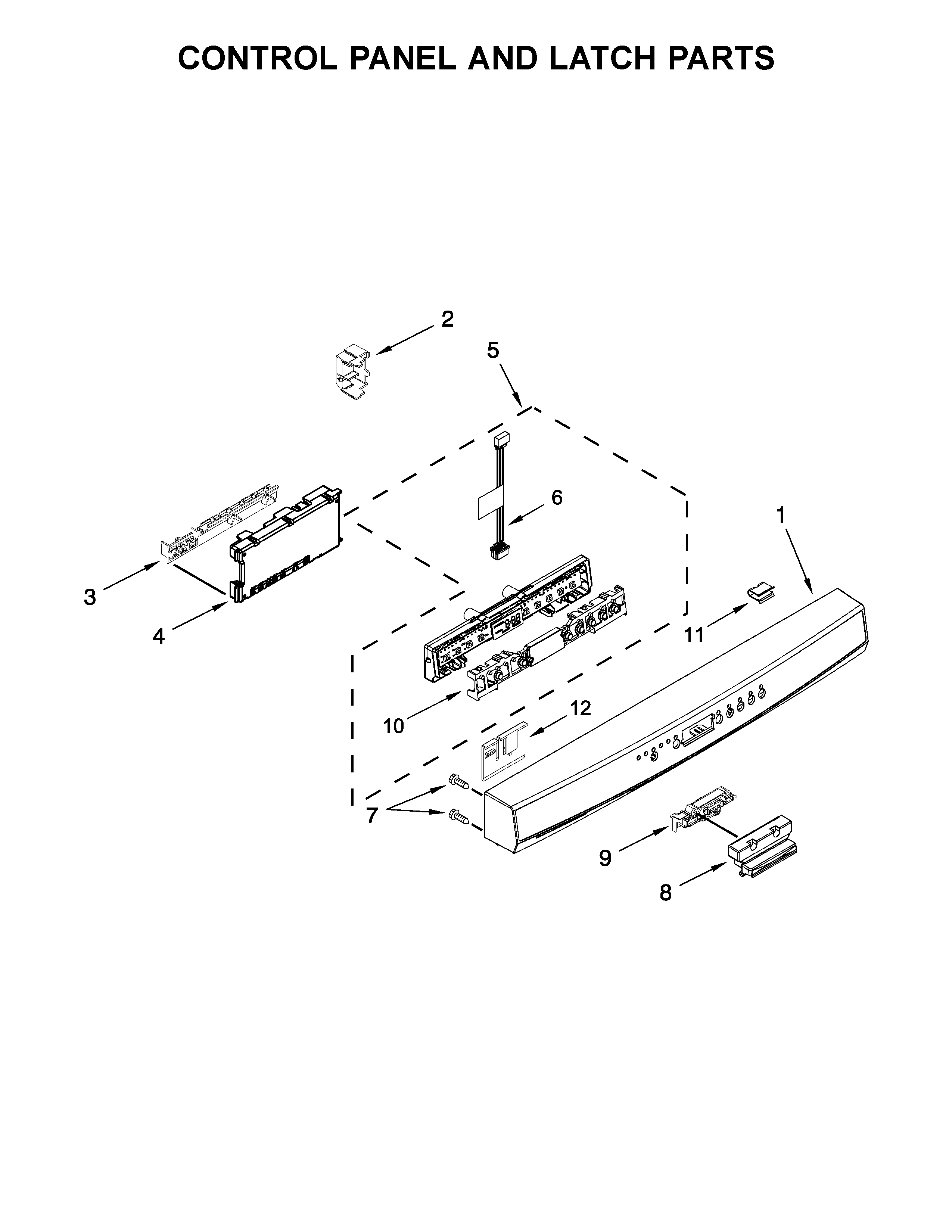 Kenmore 66513204N412 control panel and latch parts diagram