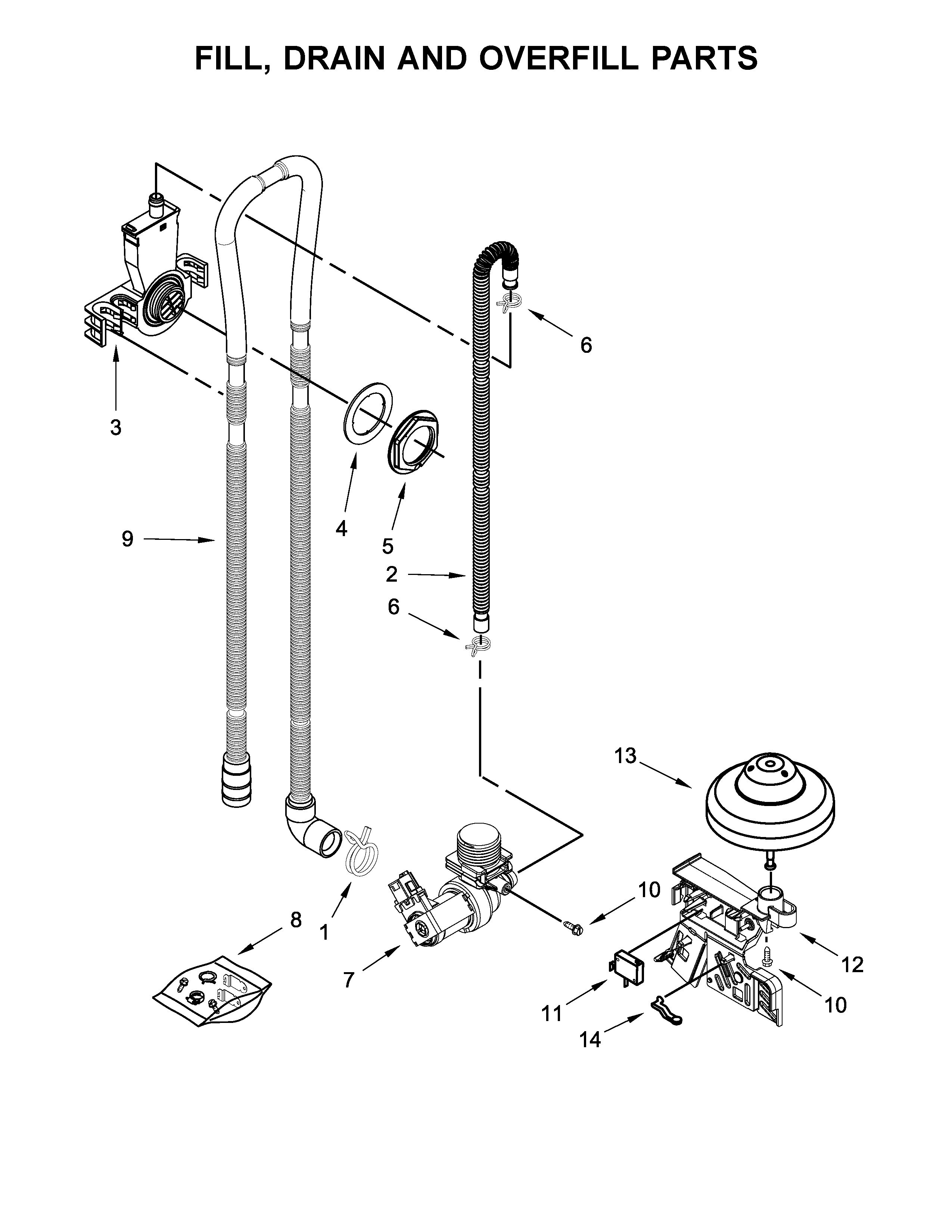 Kenmore 66513204N412 fill, drain and overfill parts diagram