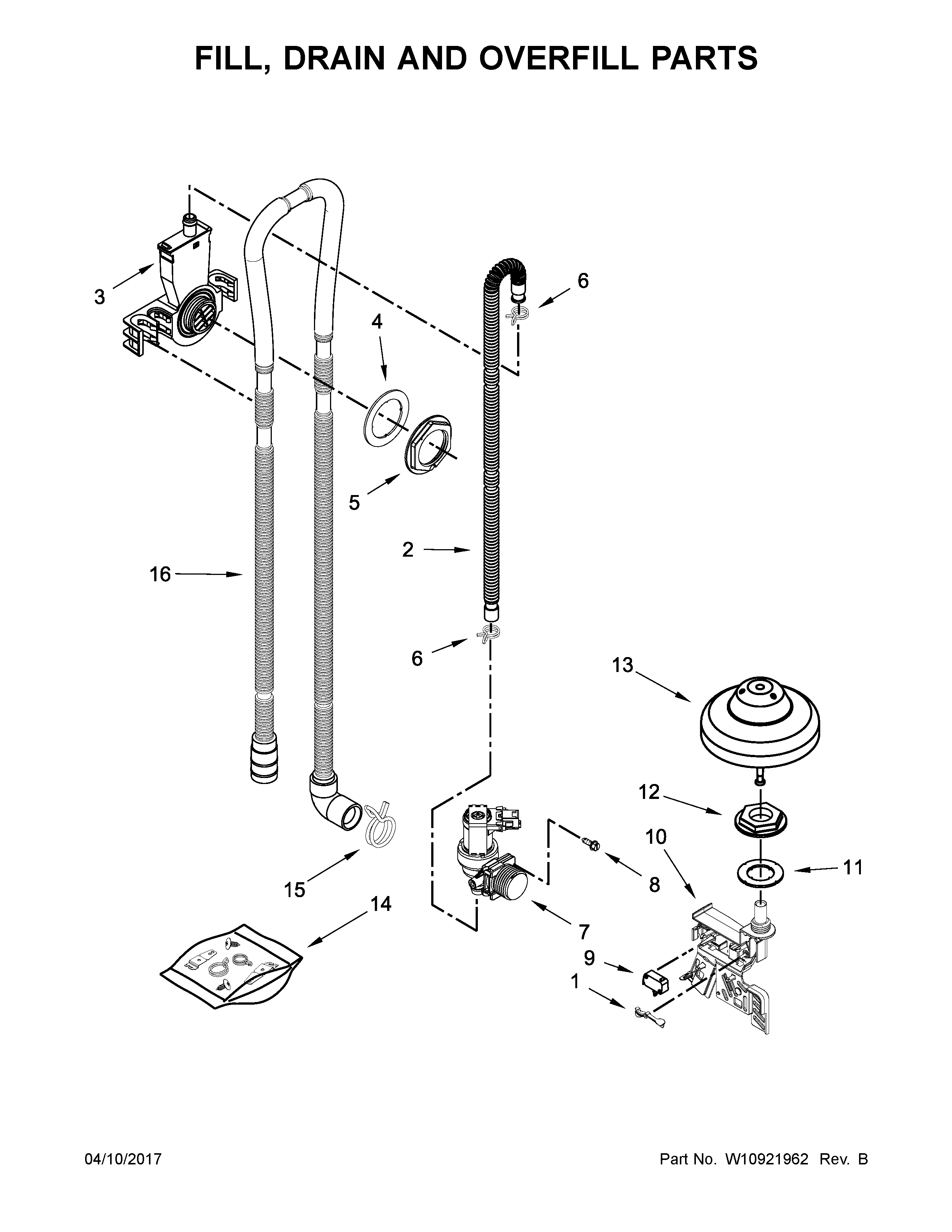 Kenmore 66514573N611 fill, drain and overfill parts diagram