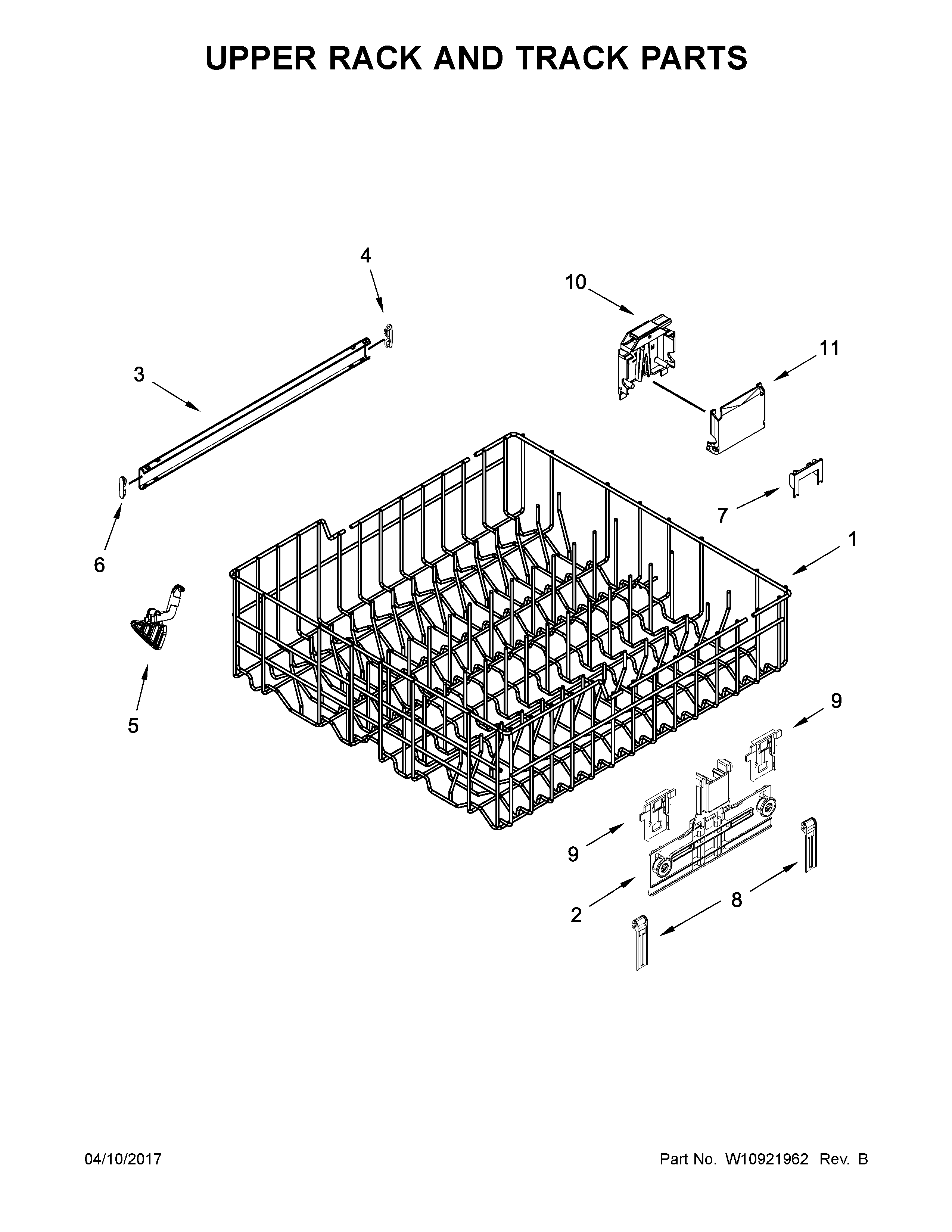 Kenmore 66514573N611 upper rack and track parts diagram