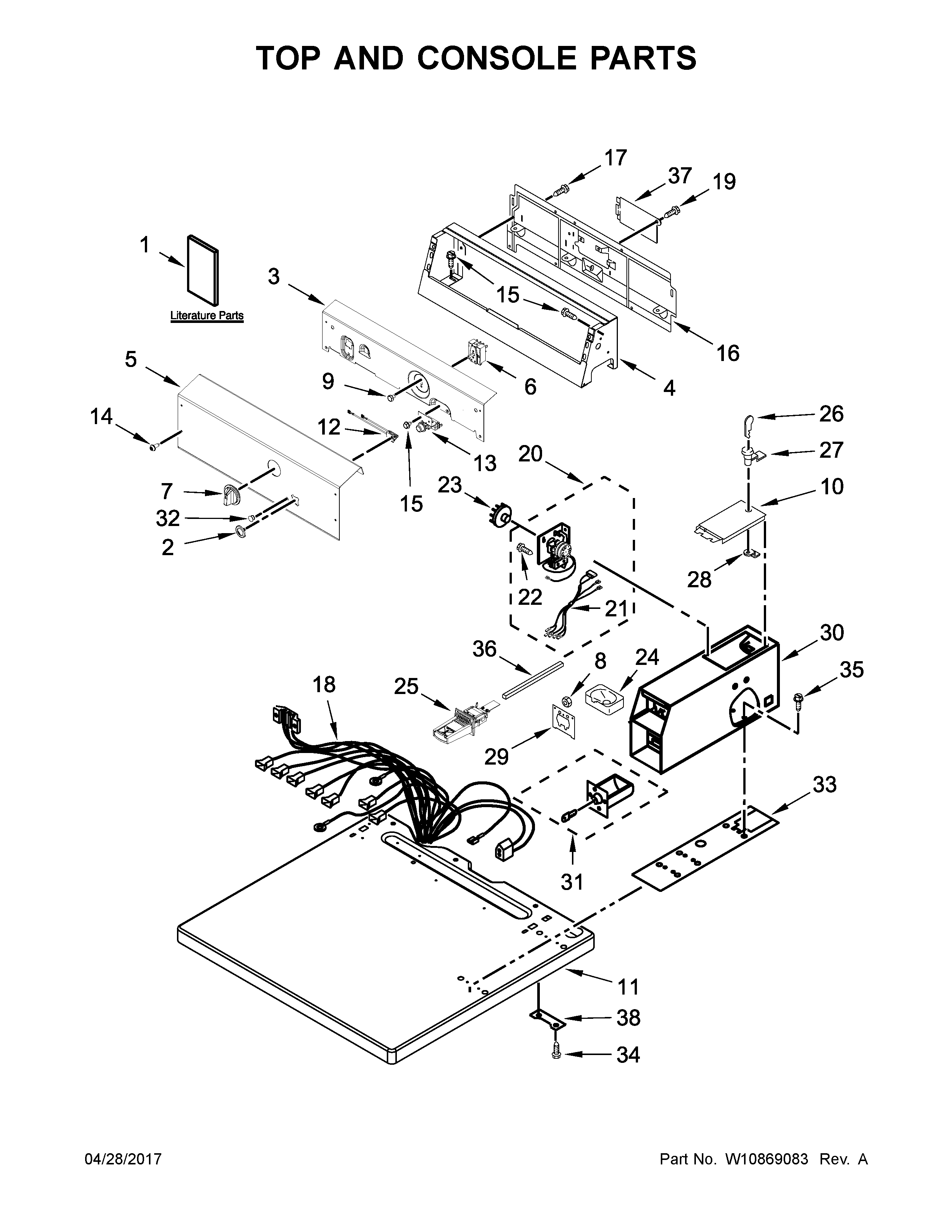 Kenmore 11077022710 top and console parts diagram
