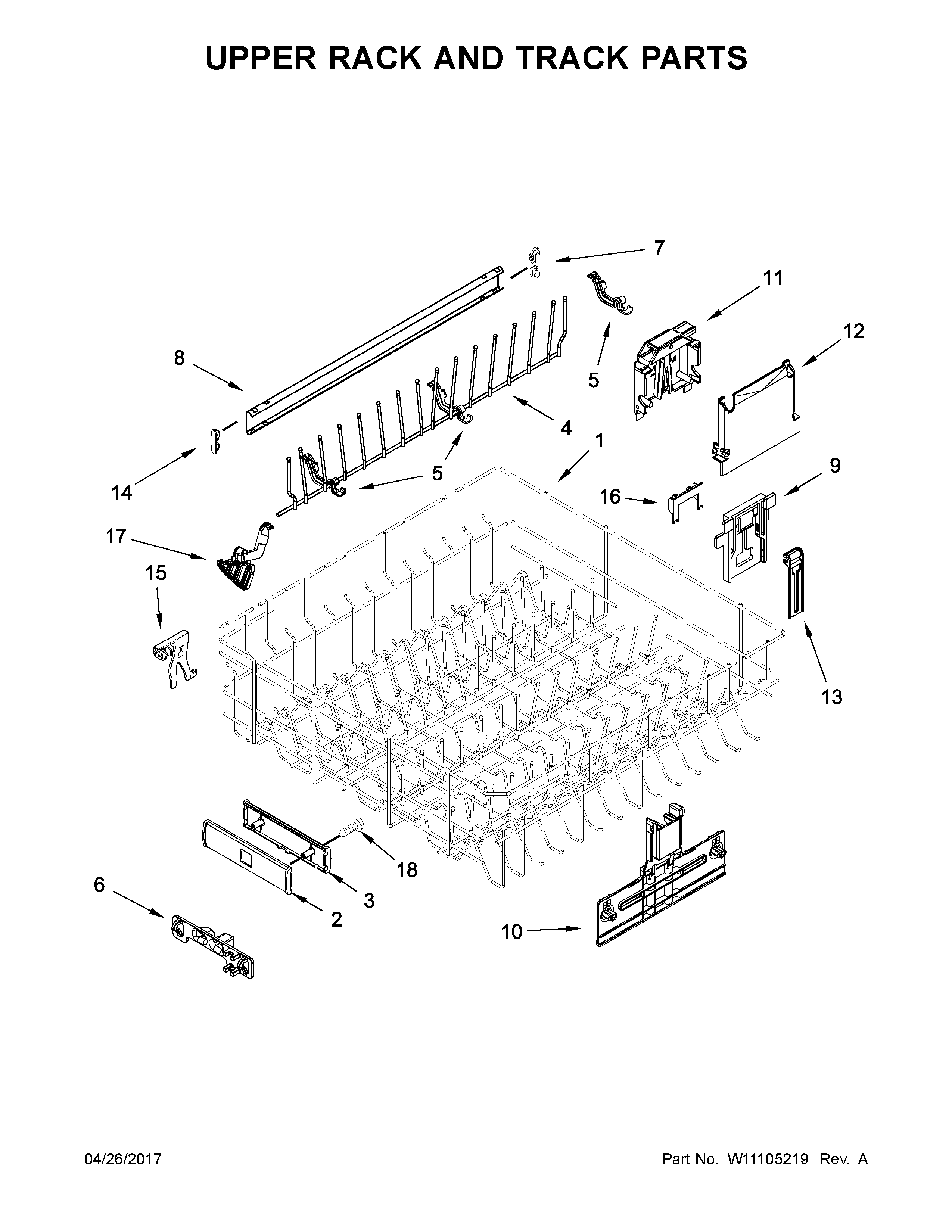 Kenmore Elite 66514743N513 upper rack and track parts diagram