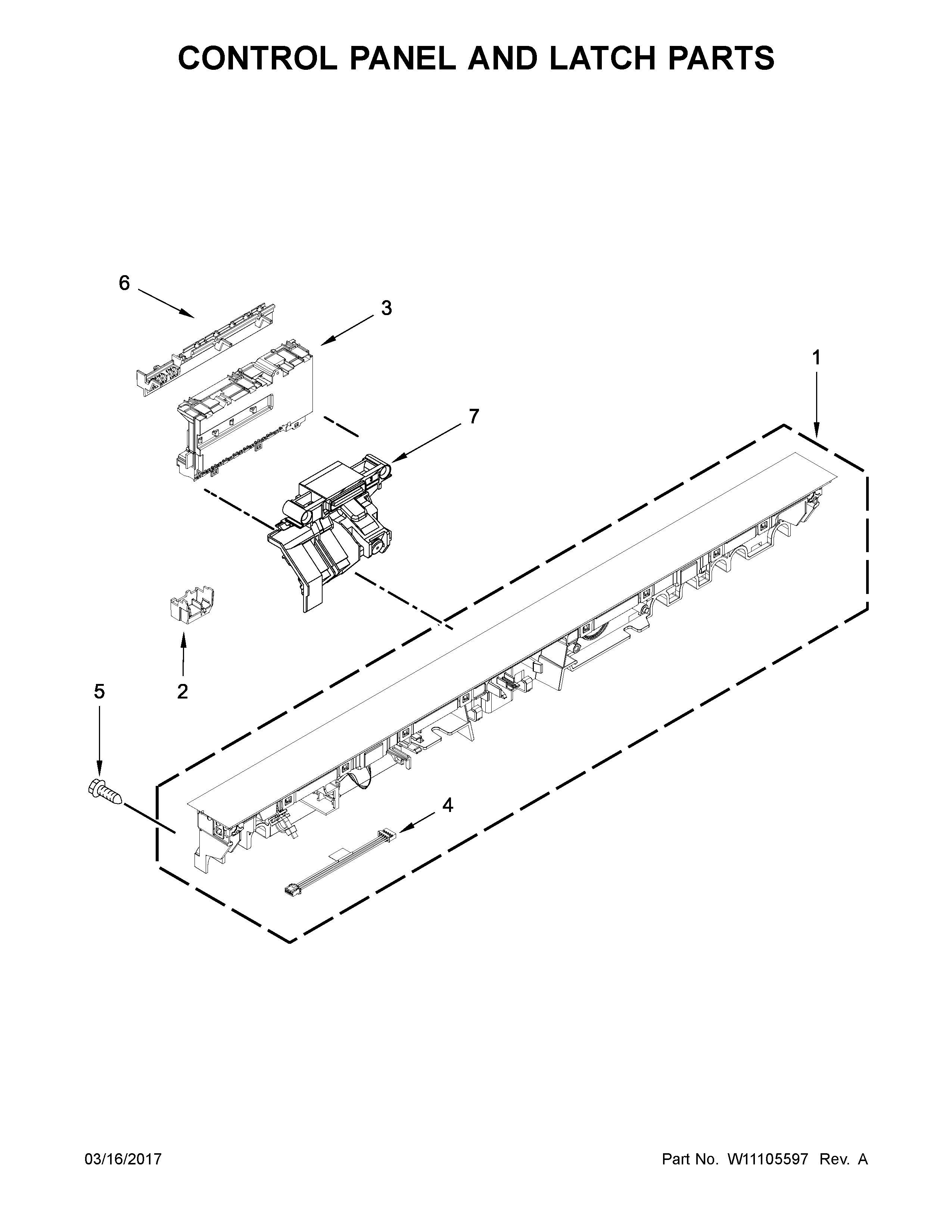 Kenmore 66514565N611 control panel and latch parts diagram