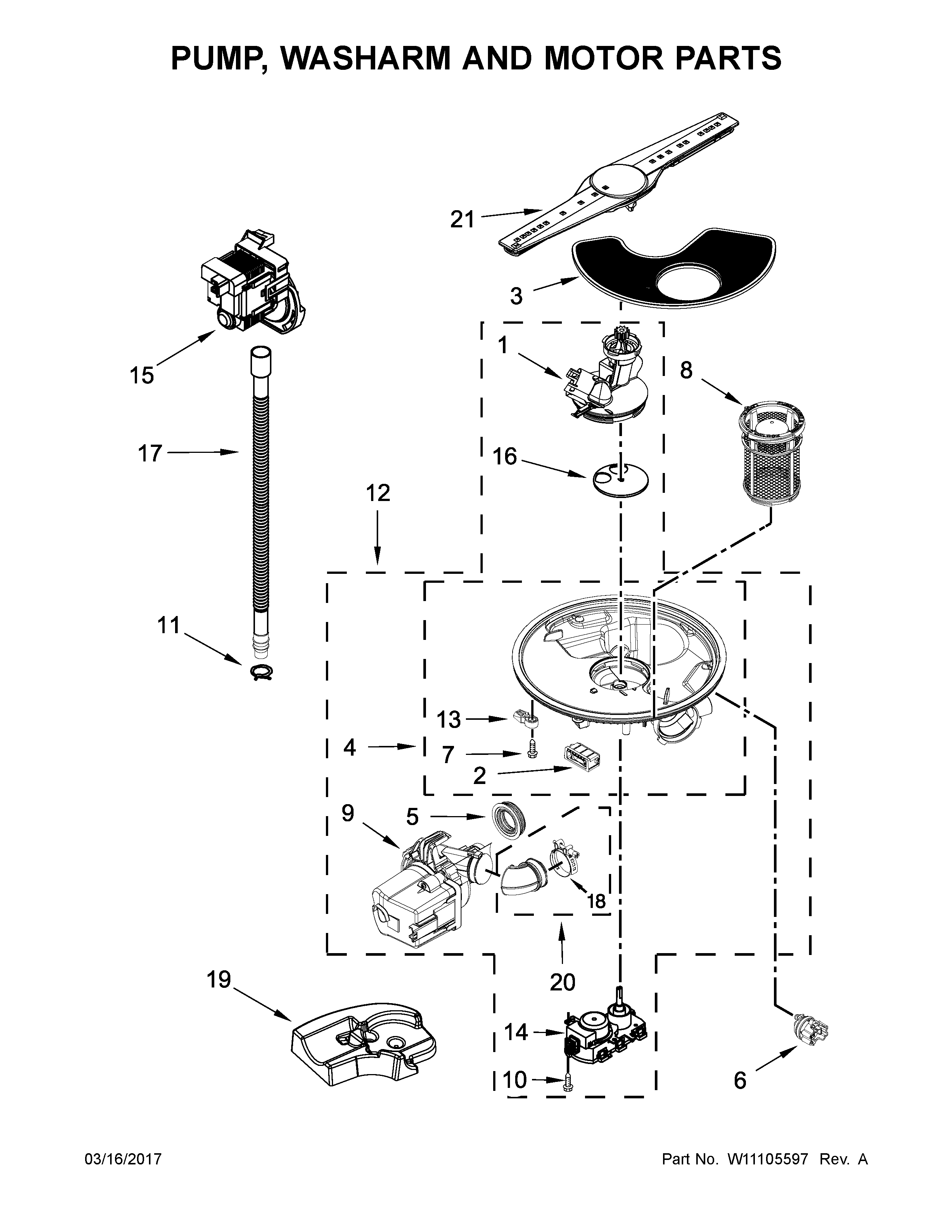 Kenmore 66514565N611 pump, washarm and motor parts diagram