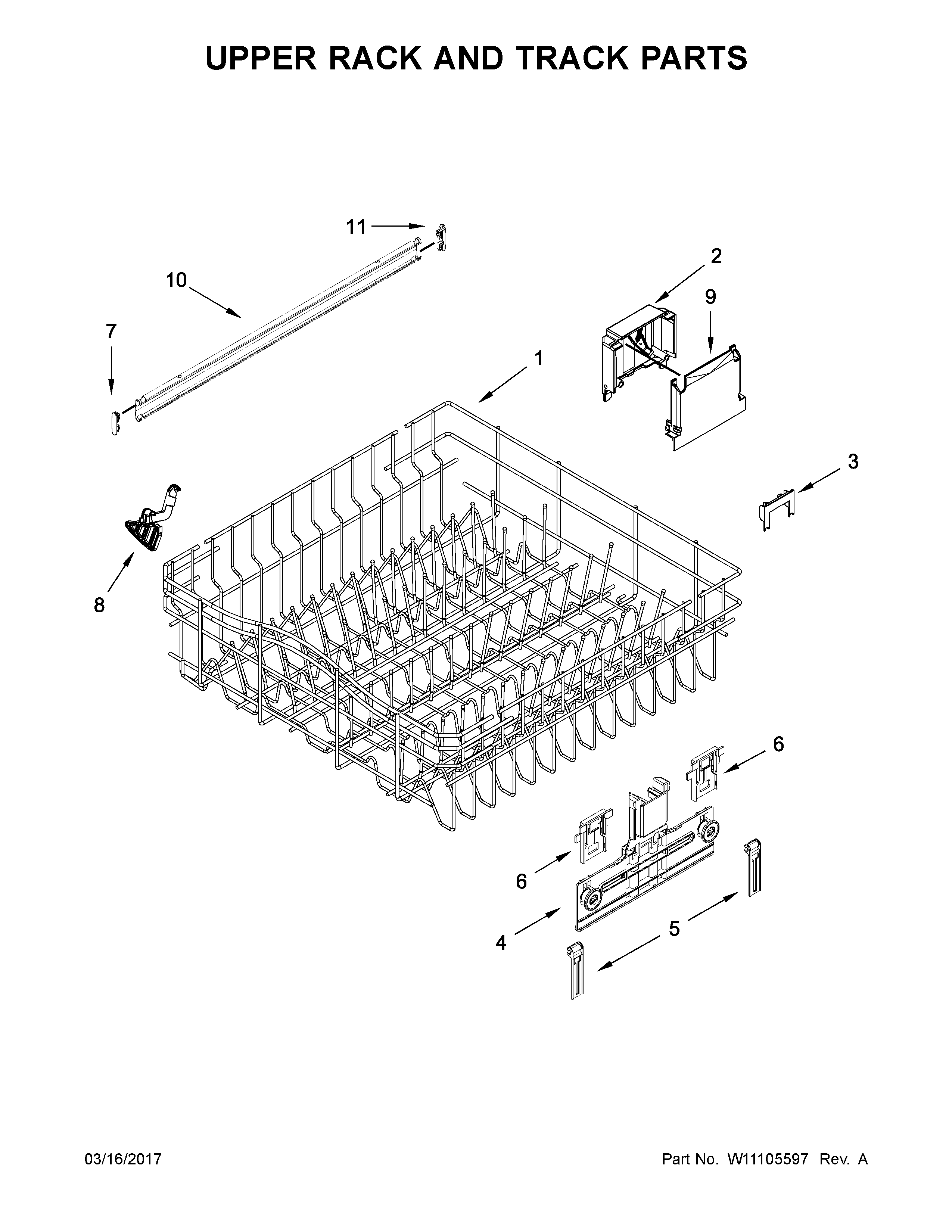 Kenmore 66514565N611 upper rack and track parts diagram