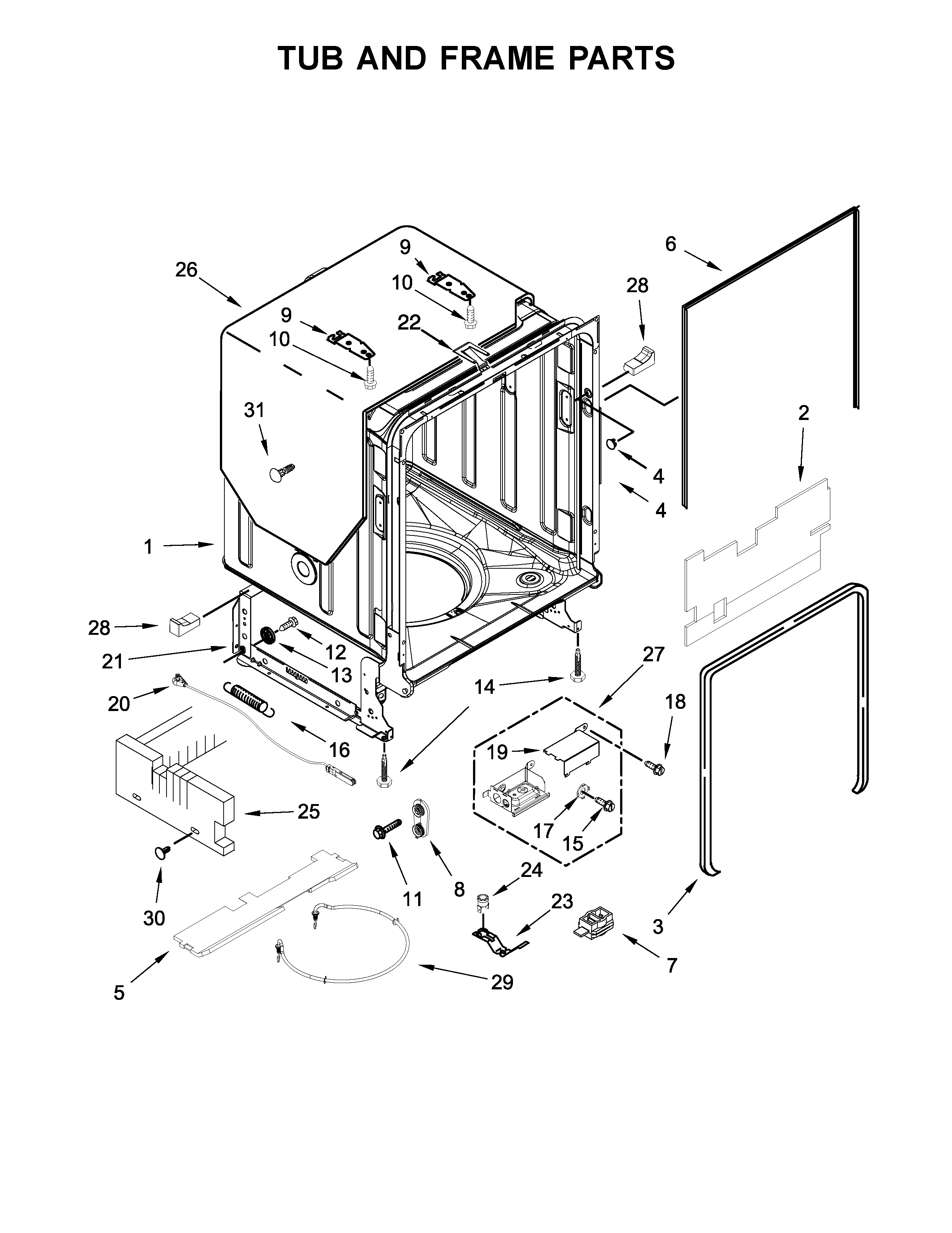 Kenmore Elite 66514819N612 tub and frame parts diagram