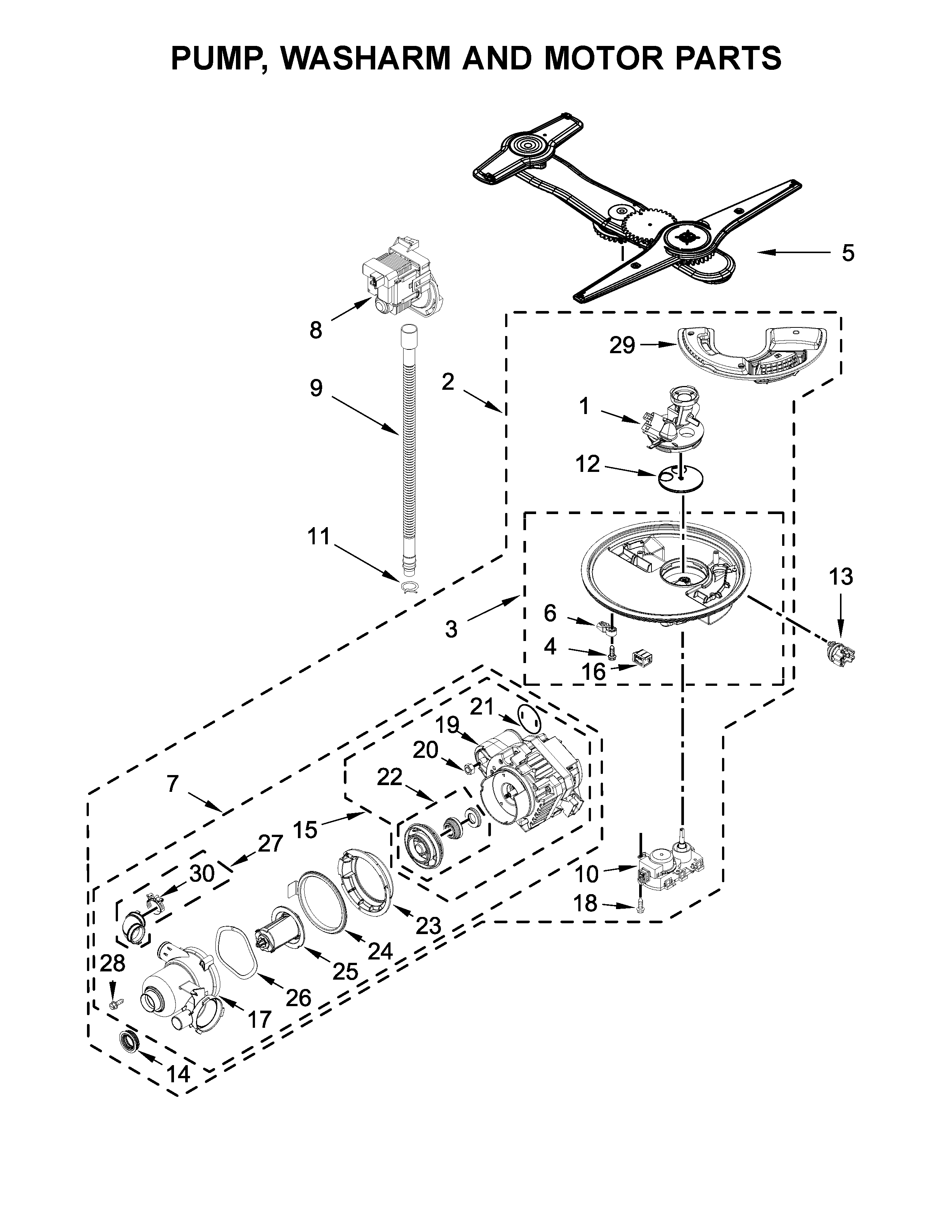 Kenmore Elite 66514819N612 pump, washarm and motor parts diagram