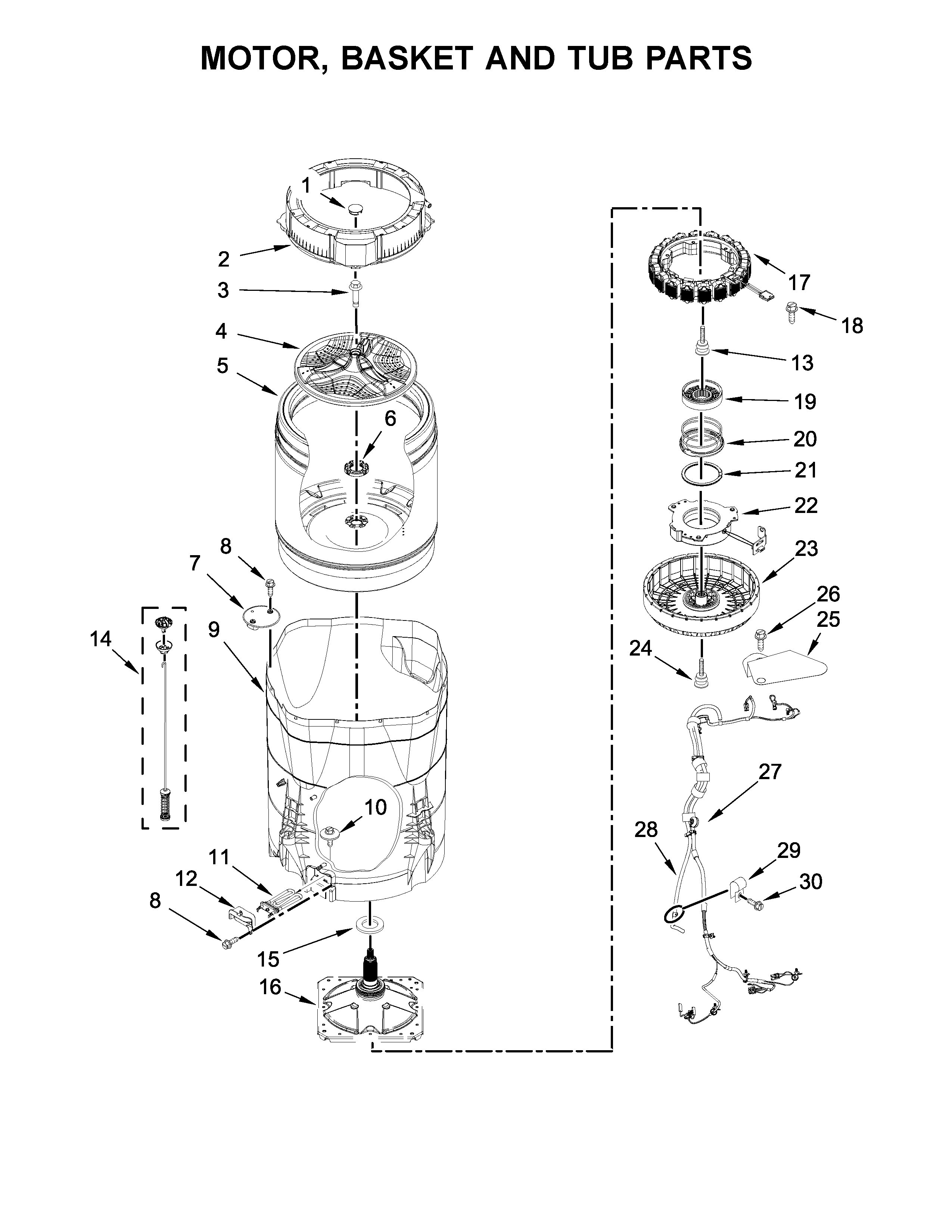Kenmore 11027132412 motor, basket and tub parts diagram